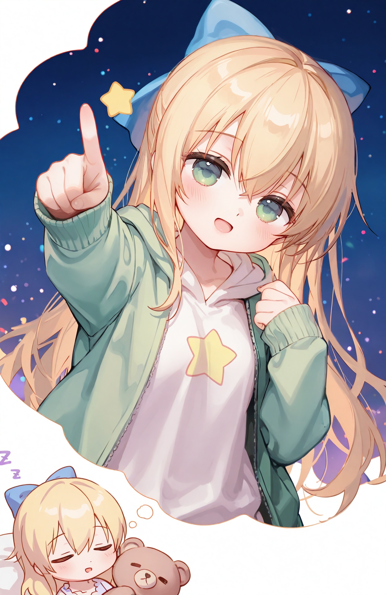 masterpiece,absurdres,best quality,petite,high quality,chromatic_aberration,loli,//,girl, solo, long hair, looking at viewer, blush, smile, open mouth, bangs, blonde hair, long sleeves, bow, hair between eyes, very long hair, green eyes, jacket, closed eyes, :d, hair bow, food, open clothes, star \(symbol\), open jacket, sleeves past wrists, stuffed toy, white jacket, sleeping, stuffed animal, hood down, outstretched arm, pointing, teddy bear, green jacket, stuffed bunny, pointing at viewer, zzz, dreaming,artist:ciloranko,