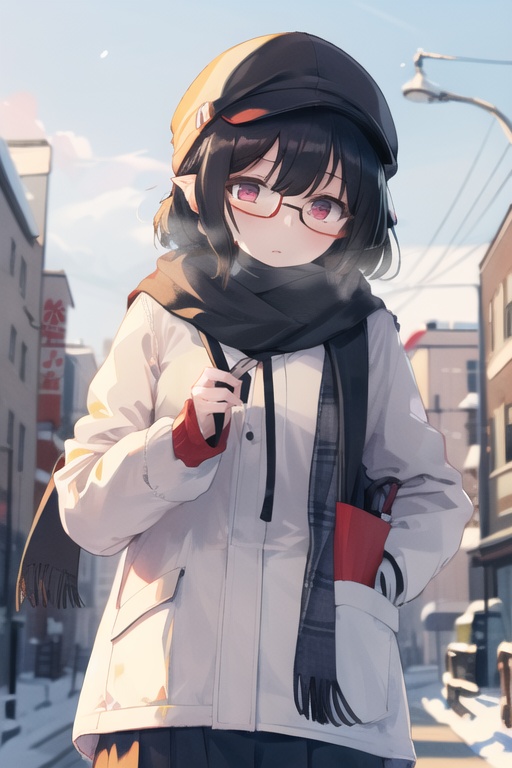 aya body,1girl,solo,shameimaru aya,winter_clothes,scarf,black-framed_eyewear,<lora:shameimaru aya nai005:0.7>,
