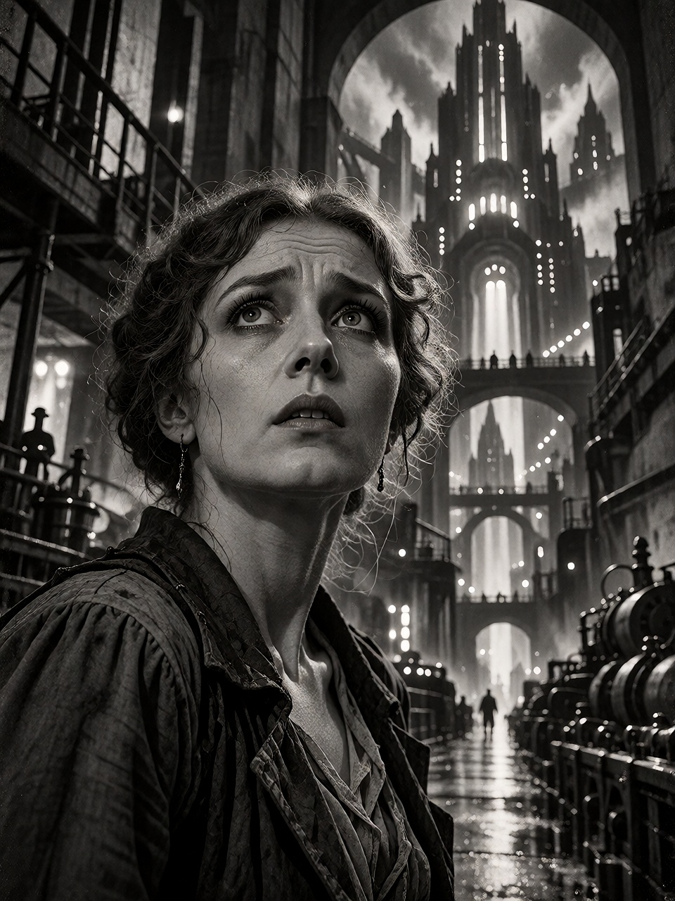 A scene in black and white,  showing a close portrait of a worried woman in vintage clothing,  gazing up toward towering i...