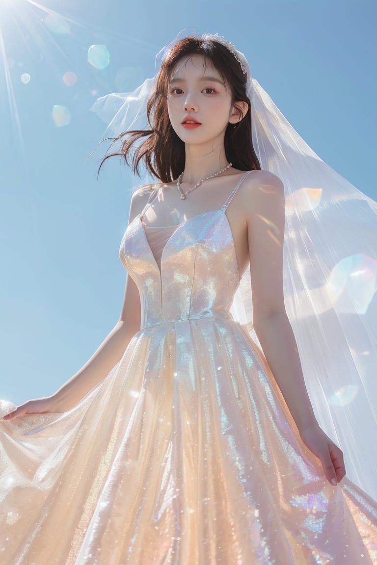 (masterpiece:1.3),(best quality:1.3),(photorealistic:1.4),see-through,midriff,pantyhose,(large breasts:1.2),yaosi,(street:1.4),(ultra detailed:1.3),unity 8k wallpaper,realistic,1girl,beautiful,smile,Big eyes more details,hair in the back of the head,a pearl necklace around the neck,(wedding dress:1.4),bright color,standing on the lawn,blue sky,floret,white clouds,soft light,early summer at seven in the morning,Jewelry,necklace,(8k, RAW photo, best quality, masterpiece:1.2),(realistic, photo-realistic),professional lighting,photon mapping,radiosity,Extreme Light and Shadow, <lora:YG彩虹糖纱婚纱:1>,