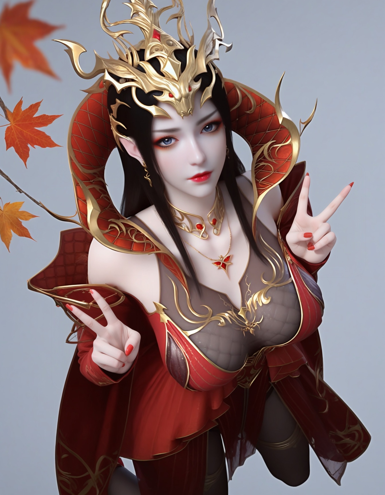 (score_9),<lora:斗尊美杜莎-apony:0.83>,meidusha,1girl,solo,hair ornament,tiara,long hair,black hair,pointy ears,earrings,(gray-blue eye),cocked eyebrow,collar,popped collar,jewelry,shoulder armor,metal collar,necklace,detached sleeves,long sleeves,see-through sleeves,red dress,red cape,red nails,(glamor),curvy,(mature_female),collarbone,pointy breasts,puffy breasts,(large teardrop breasts),large breasts,(see-through cleavage),pantyhose,black pantyhose,see-through legwear,pelvic curtain,BREAKlooking at viewer,kneeling,red footwear,dutch angle,dynamic_angle,from above,selfie,closed mouth,(double v),BREAK<lora:Expressive_H-000001:0.8>,light blush,Expressiveh,body blush,(pale_skin),(light_skin),<lora:皮肤凹痕:1.2>,<lora:RealisticSkinv1_ponyv6_loraplus:0.3>,real skin,ultra-detailed skin texture,detailed textures,BREAK<lora:e色温:0.35>,simple background,grey background,twig,autumn leaves,branch,falling leaves,4K ultra HD,sharp focus,high detail,high contrast,Tyndall effect,available light,depth of field,lens_flare,
