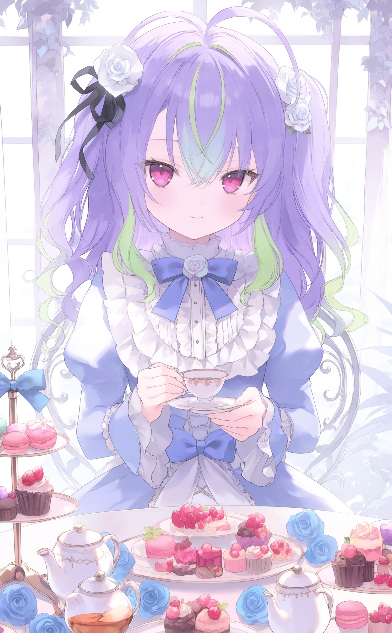 masterpiece,absurdres,best quality,loli,petite,high quality,chromatic_aberration,//,macaron,tiered_tray,cup,flower,holding,food,holding_cup,teacup,1girl,rose,green_hair,hair_flower,multicolored_hair,white_rose,teapot,smile,hair_ornament,dress,frills,ribbon,looking_at_viewer,juliet_sleeves,pink_eyes,cake,white_flower,ahoge,cupcake,purple_hair,blue_rose,dessert,virtual_youtuber,sweets,long_sleeves,blue_flower,solo_focus,tea,closed_mouth,table,long_hair,bow,saucer,hair_between_eyes,twintails,hair_ribbon,puffy_sleeves,solo,window,lolita_fashion,sitting,center_frills,two_side_up,plate,blue_bow,blue_hair,black_ribbon,bowtie,blue_bowtie,//,<lora:guimao2——【noob】hans:1>,