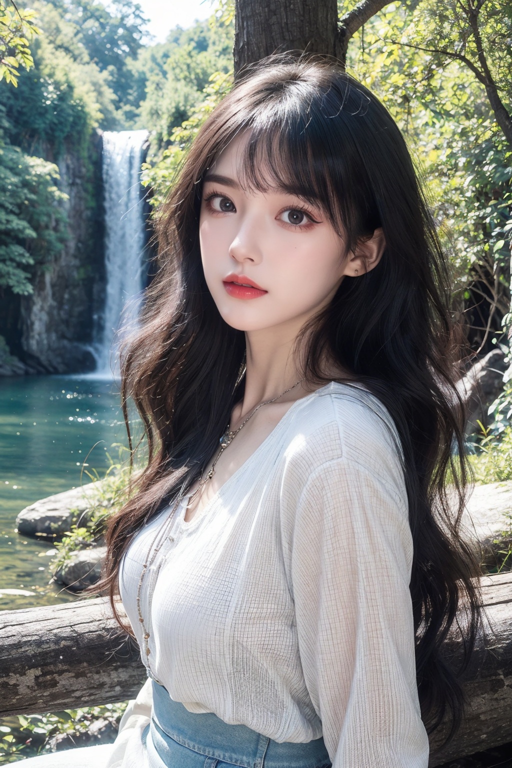 1girl, bare tree, black hair, branch, breasts, day, dress, earrings, forest, jewelry, lake, long hair, long sleeves, lying, medium breasts, nature, necklace, outdoors, palm tree, rock, solo, tree, waterfall, white dress  <lora:1.0:0.66>