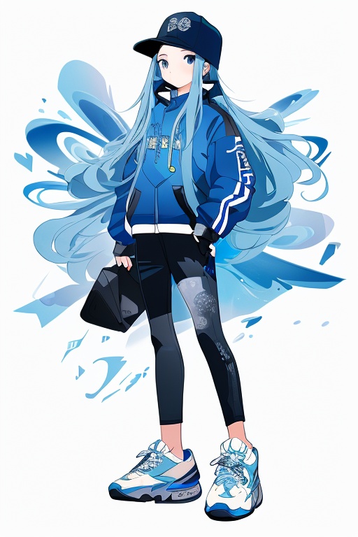 niji,1girl,best quality, masterpiece, anime, female, blue hair, black outfit, hat, blue sneakers, left hand holding something blue, background with text and abstract patterns, face covered by a grey square