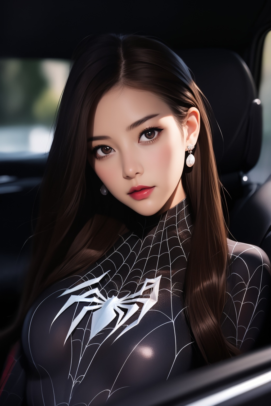 spiderman cosplay,1girl,long hair,looking at viewer,brown hair,brown eyes,earrings,bodysuit,spider web,head tilt,vehicle background,car interior,black background,<lora:lbc_spiderman_ycc_240401_v1.0-000008:0.8>,