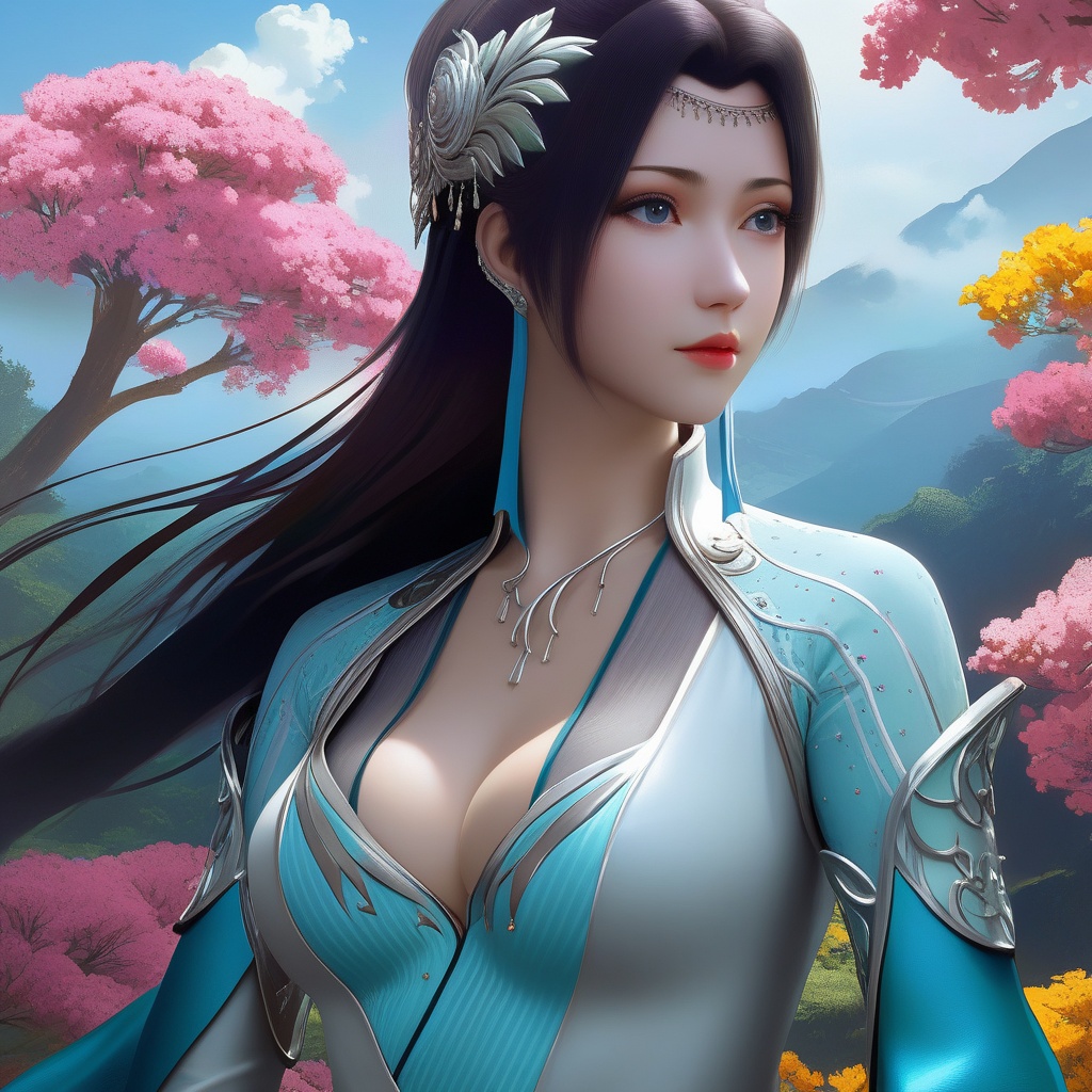 <lora:786-DA-XL-斗破苍穹-云韵-绿服:0.8>, (,1girl, ,best quality, ),looking at viewer,,anime,(masterpiece, top quality, best quality, official art, beautiful and aesthetic:1.2), (1girl)	, , (cleavage),, extreme detailed,(fractal art:1.3),colorful, flowers ,highest detailed,(by Jeremy Lipking)    (cleavage),,  (),