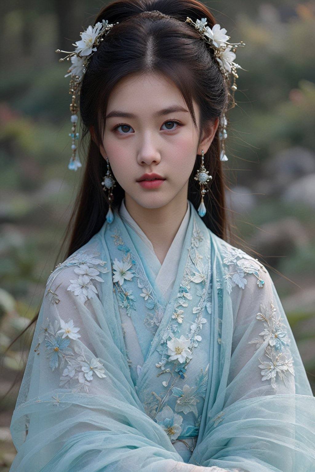 Create a portrait of a young woman dressed in traditional Chinese attire,  featuring a beautiful blue hanfu. The outfit sh...