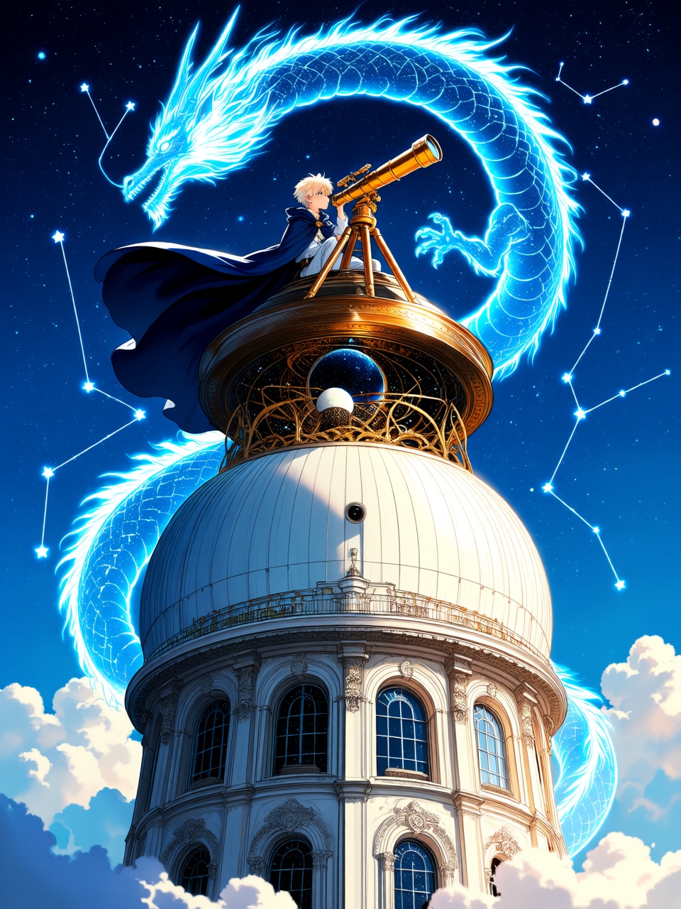 a young anime astronomer on top of a gigantic observatory tower,  looking through an ornate brass telescope while a celest...
