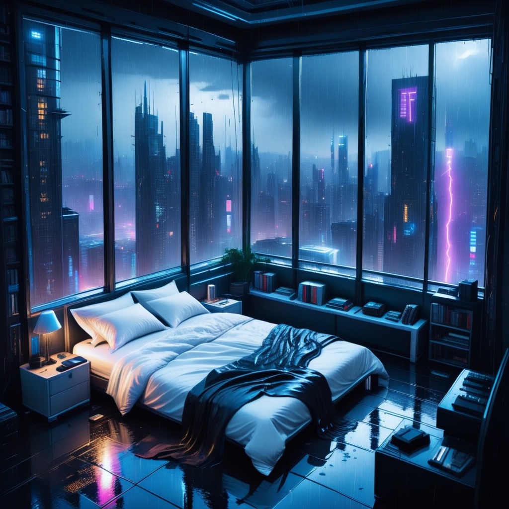 moody aesthetic,  beautiful cozy,  cramped bedroom with floor to ceiling glass windows overlooking a cyberpunk city at nig...
