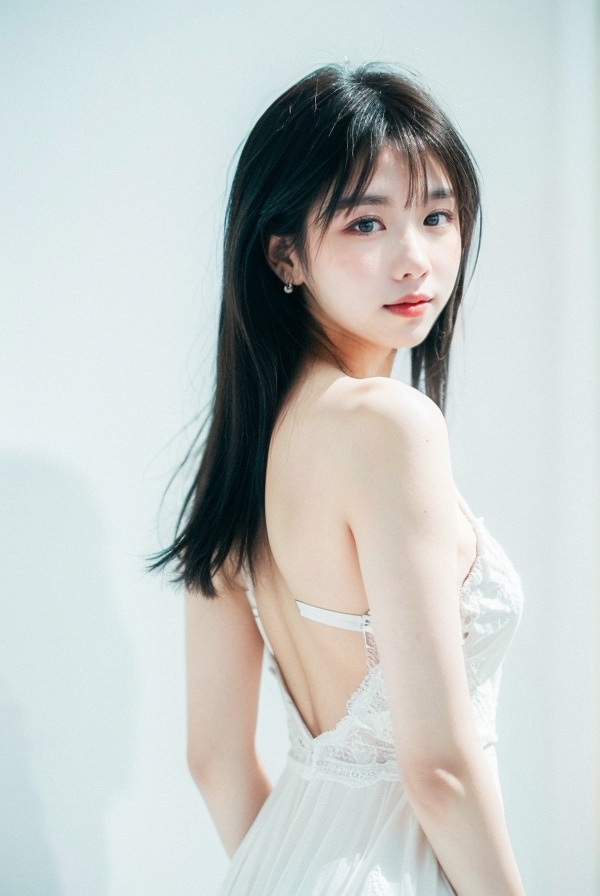 best quality,masterpiece,ultra high res,A captivating portrait of a young woman with striking features. A girl with long, raven-black hair cascading down her back gazes directly at the viewer with an alluring smile. Her closed lips and piercing black eyes draw attention to her flawless complexion. Against a subtle white and gradient background, she stands out in a simple yet elegant setting, adorned with delicate jewelry and earrings that add a touch of sophistication., <lora:13guojiang_lora:1>