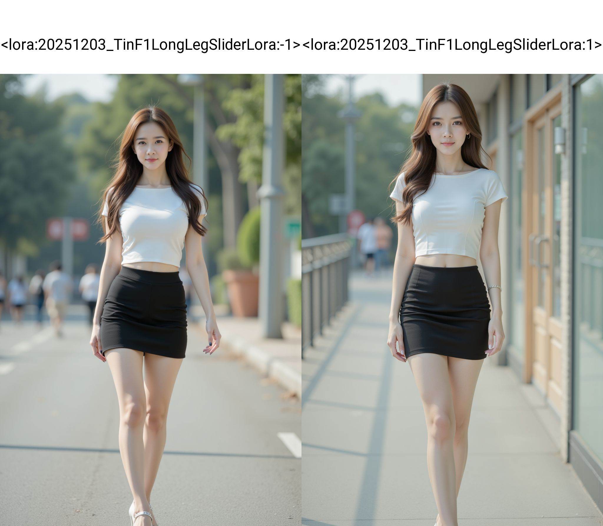 <lora:20251203_TinF1LongLegSliderLora:-1>,HDR photo of cinematic film still, A young woman with long brown hair wearing a short white boatneck and black super short tight skirt, looking at viewer, white high heel shoes, full body, bare legs, outdoors,
