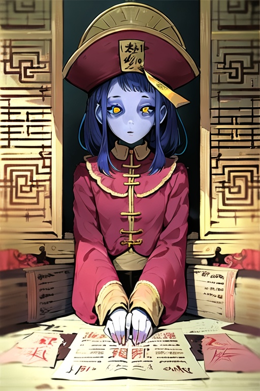 1girl,wsjs,jiangshi,chinese zombie,yellow paper,spell,