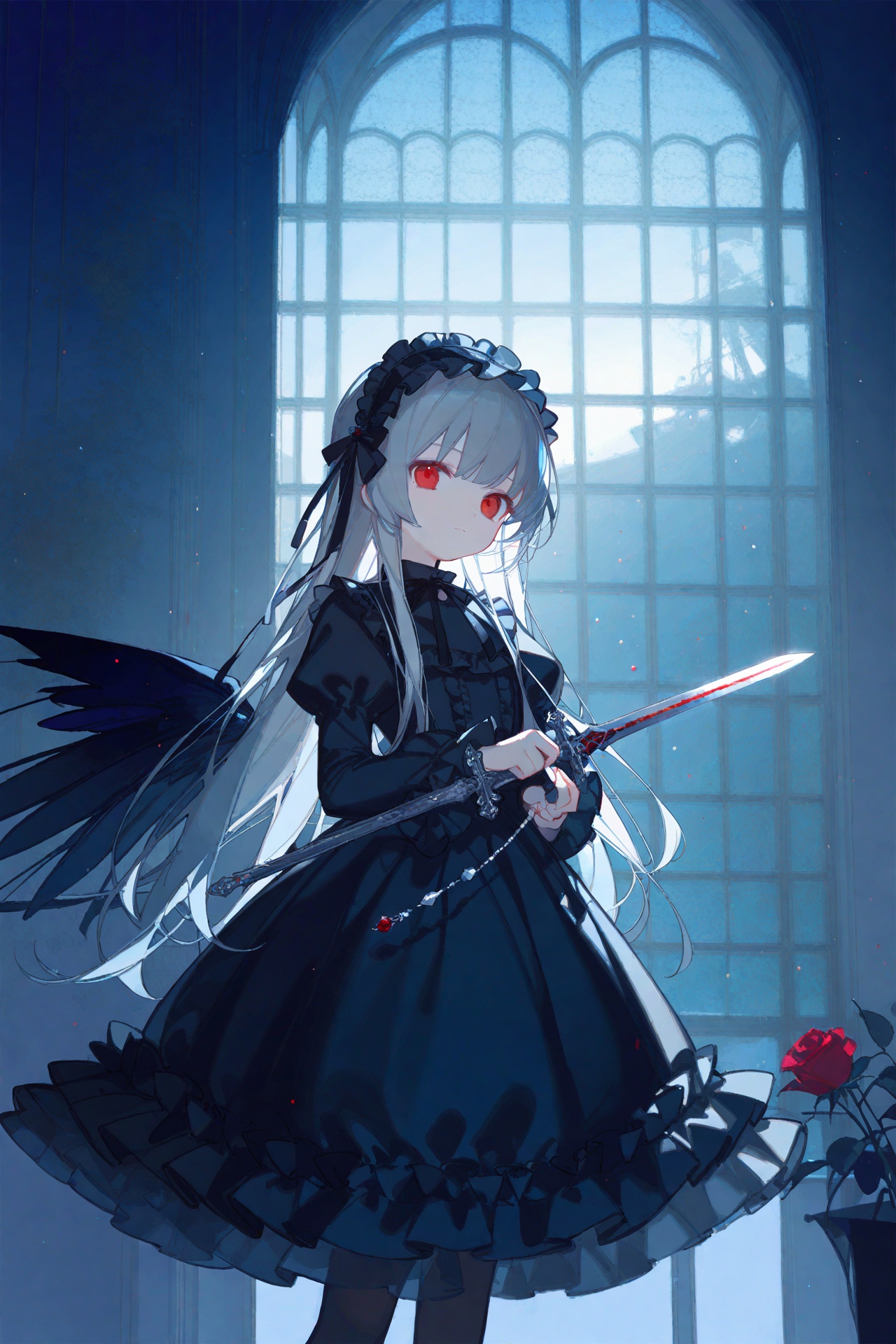 Artist:ask (askzy),Artist:chen bin,Artist:ciloranko,1girl,suigintou,solo,dress,long hair,red eyes,long sleeves,hairband,wings,grey hair,sword,black wings,frills,weapon,holding,juliet sleeves,looking at viewer,black ribbon,black dress,lolita fashion,puffy sleeves,flower,indoors,feathers,holding sword,lolita hairband,closed mouth,gothic lolita,ribbon,white dress,rose,standing,holding weapon,window,black hairband,frilled sleeves,frilled dress,