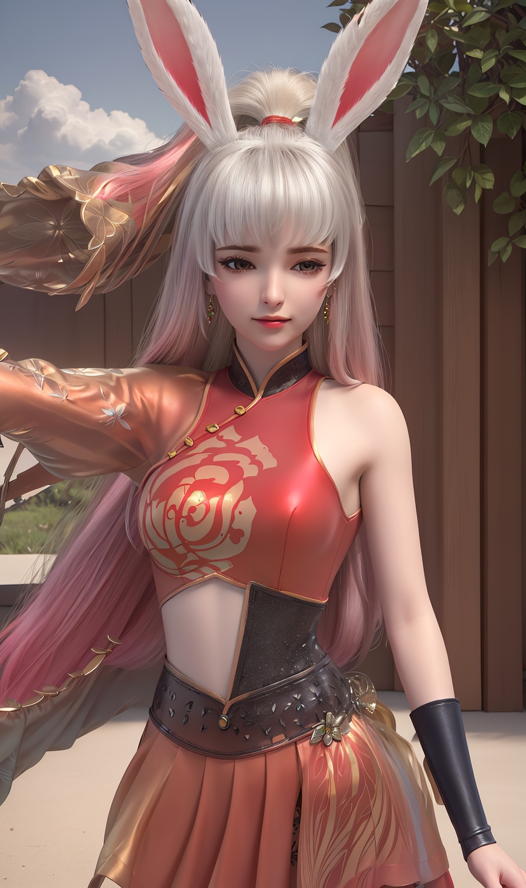 3D,masterpiece,(best quality),(makeup),official art, extremely detailed cg 8k wallpaper,((crystalstexture skin)), (extremely delicate and beautiful),(highly detailed),(1girl), (solo), (jewelry), (earrings),(long_hair),(hair),(hair_ornament),(handwear),,(upper_body),((dress)),(multicolored_clothes),(multicolored_dress),,(collar),,((breasts:1.000),(bangs:1.000),(chinese_clothes),(adapted_costume),((closed_mouth)),(glove:1.000),(animal_ears:0.736),(rabbit_ears:0.759),(traditional_clothes:0.790),,(sunshine, outdoor),((looking_at_viewer)),((Facing the camera)),, <lora:hipoly3DModelLora_v10:0.3>