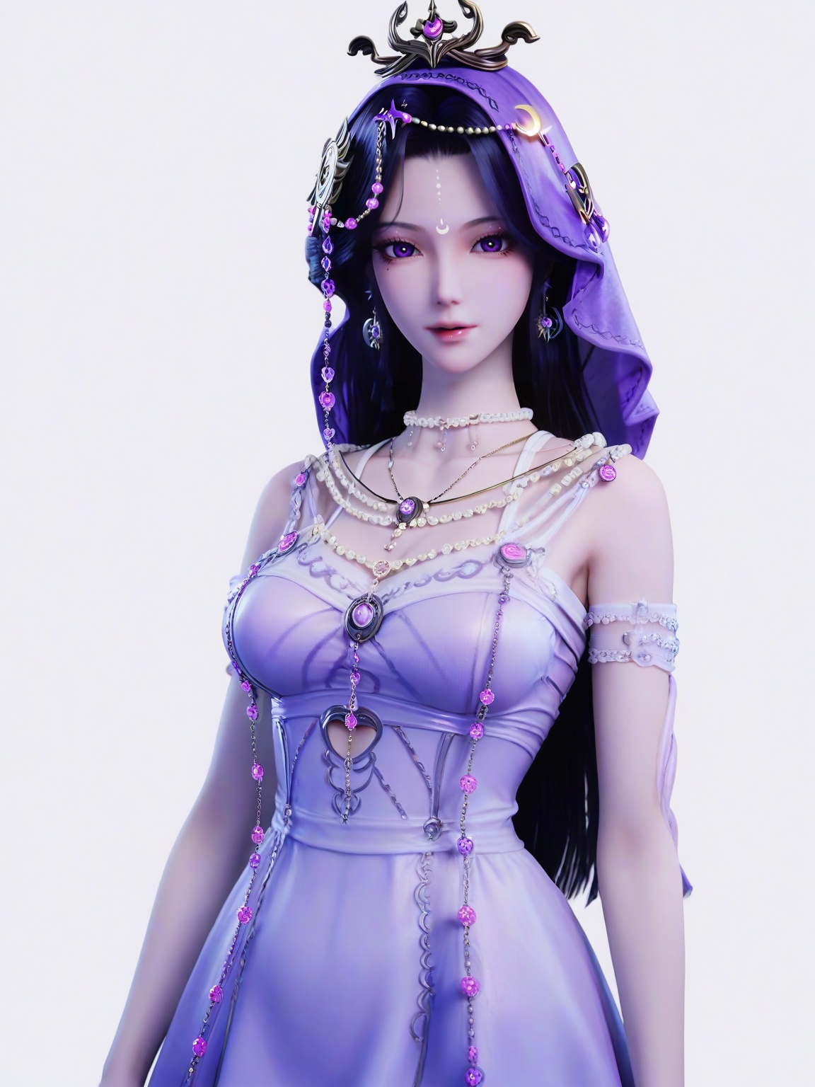 score_9,1girl,solo,breasts,black hair,beads,crescent,hair ornament,earrings,lipstick, eyelashes, mole under eye,necklace,breasts,dress,purple eyes,standing,long hair,looking at viewer,white background,simple background,<lora:SF_YueYe_TouJianPony_Realism2.3-000004:0.7>,
