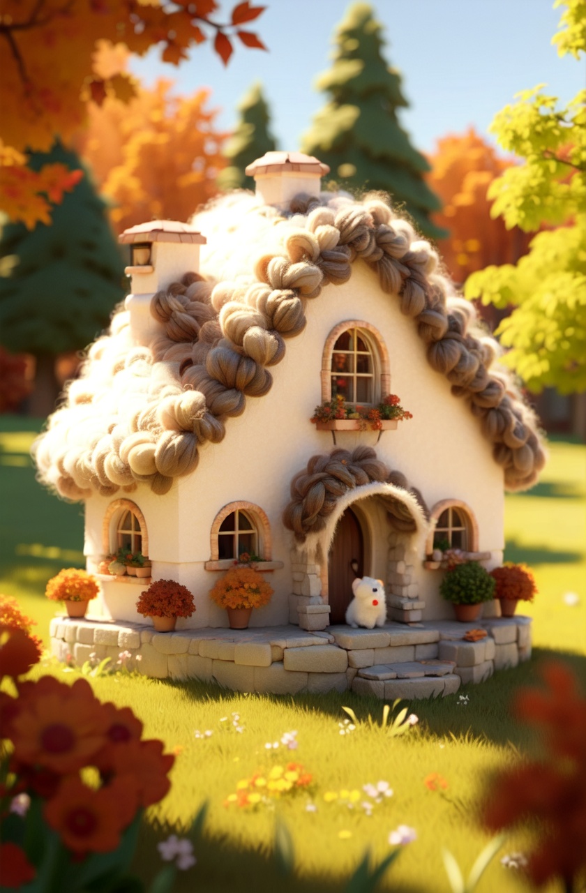 masterpiece,best quality,absurdres,no humans, autumn, forest,sunlight, outdoors, blurry background, tree, flower, window,house,Bear,grass,window,fluffy, 