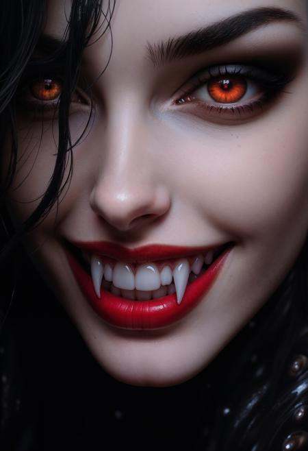 A mesmerizingly lifelike portrait of a vampire queen,  her face framed in a close-up view. Sharp fangs glisten against her...