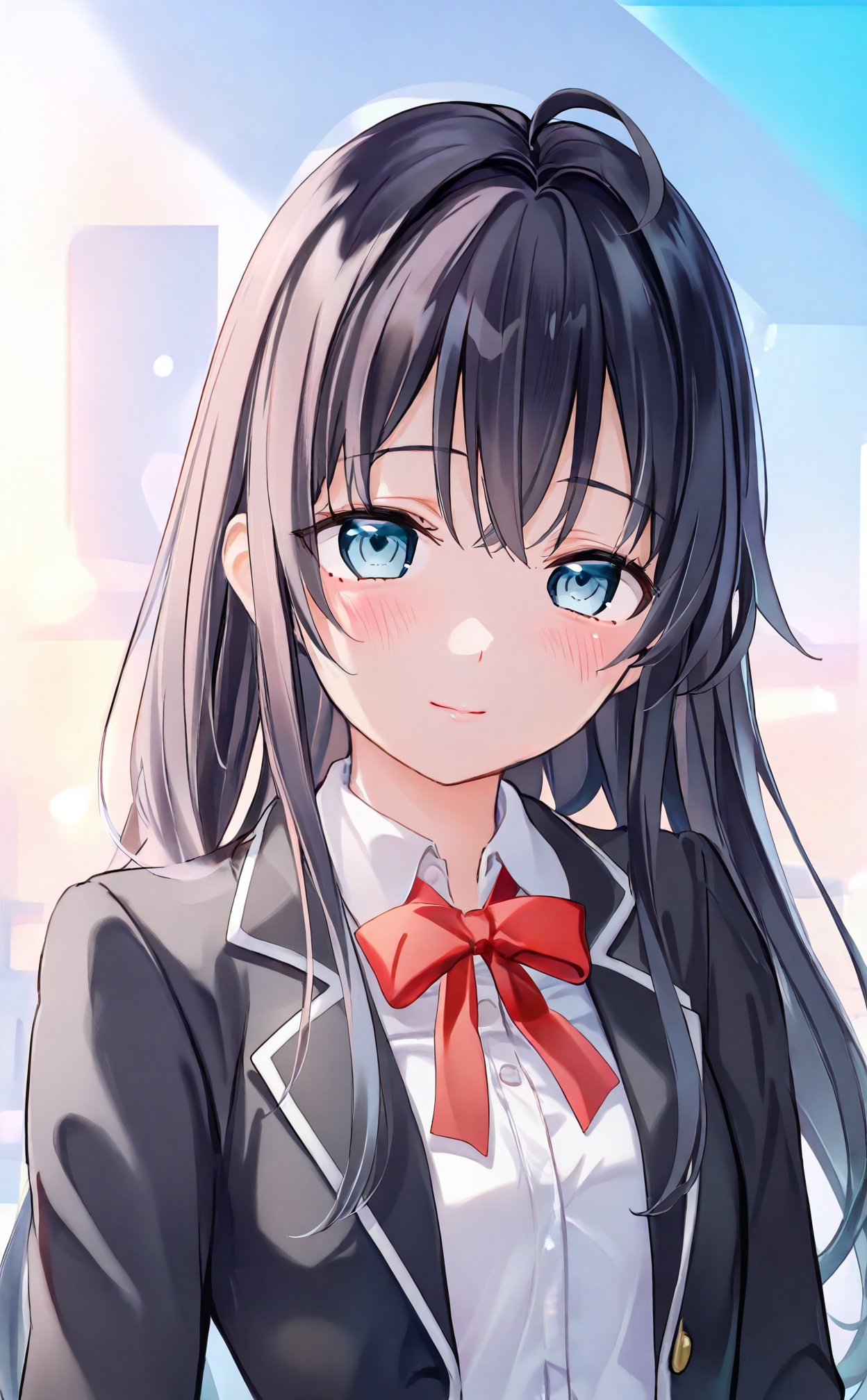 mmasterpiece,absurdres,best quality,petite,high quality,chromatic_aberration,//,1girl,sobu high school uniform,yukinoshita yukino,solo,long hair,jacket,school uniform,shirt,blue eyes,black jacket,ribbon,blazer,looking at viewer,black hair,white shirt,smile,collared shirt,upper body,red ribbon,neck ribbon,hair ribbon,blush,closed mouth,ahoge,hair between eyes,bowtie,long sleeves,bow,sidelocks,//,<lora:kinako_(shiratama_mochi)——【CKXL】hans:1>,