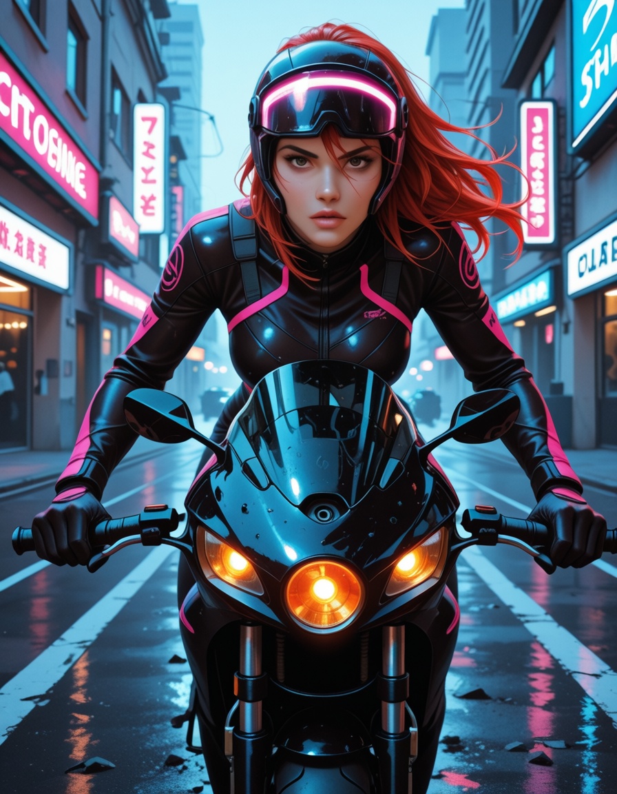 woman riding a high-performance motorcycle in an illegal night street race,  front-facing view,  camera low and slightly a...
