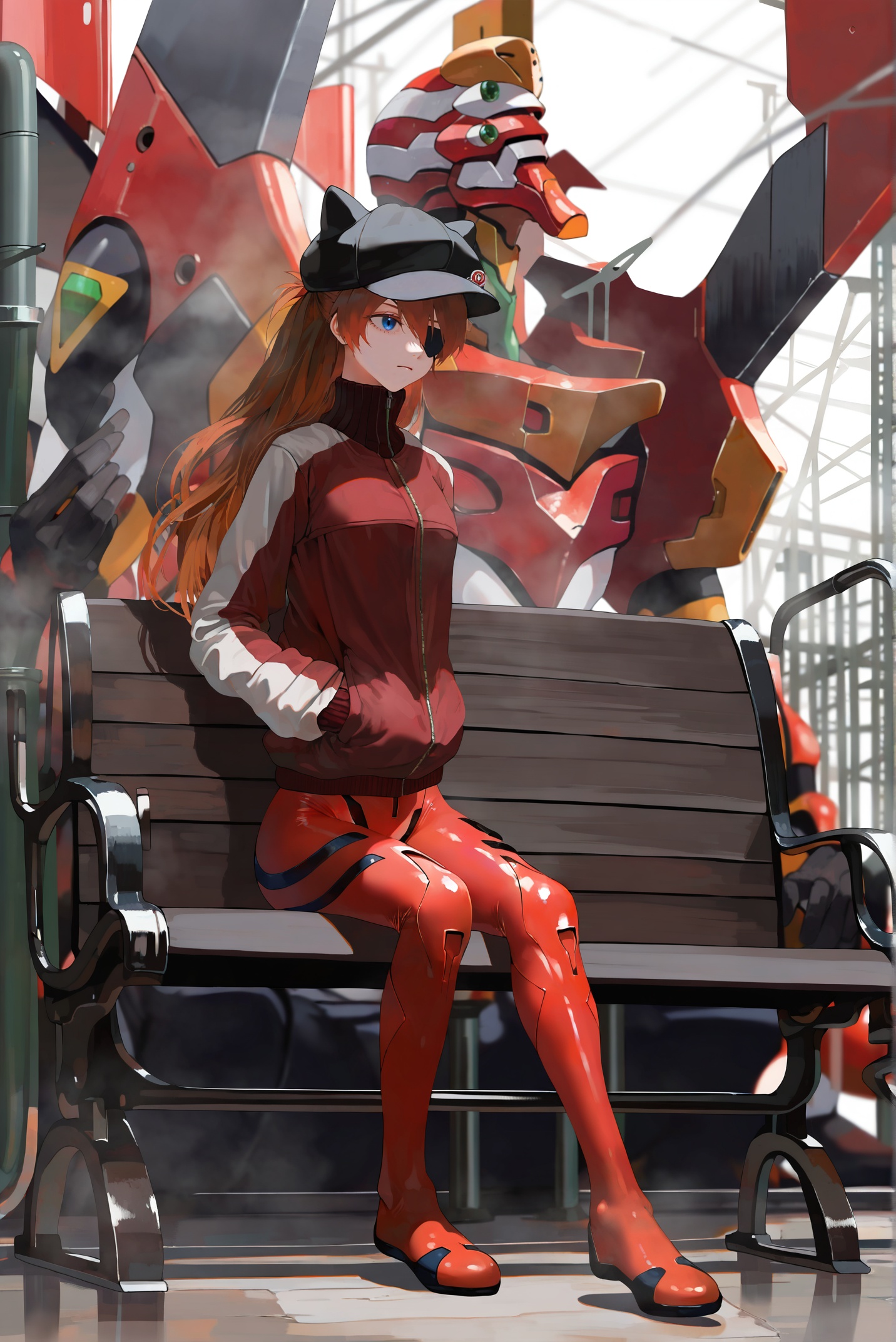 masterpiece,best quality,artist:yunimaru,artist:esuthio,artist:nanatsuki_sousuke,(artist:wlop:0.5),<lora:jijia-gnoobv-Tanger-000014:0.7>,jijia,2d,anime,neon genesis evangelion,souryuu asuka langley,plugsuit,hat,1girl,long hair,track jacket,eva 02,robot,blue eyes,jacket,eyepatch,mecha,animal hat,sitting,brown hair,hand in pocket,bodysuit,cat hat,a woman sitting on a bench next to a giant robot,an image of a woman looking at a robot,