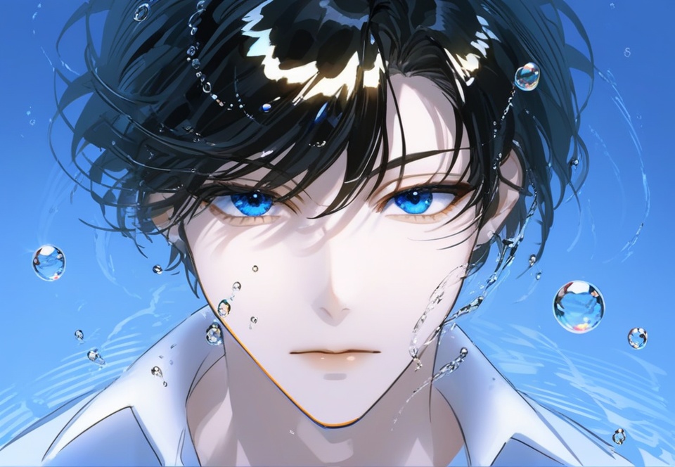 (best quality), ((masterpiece)), (highres), illustration, original, extremely detailed, <lora:男风XL:0.7>1boy, blue eyes, male focus, solo, shirt, black hair, looking at viewer, white shirt, short hair, collared shirt, portrait, bangs, bubble, blue background, air bubble