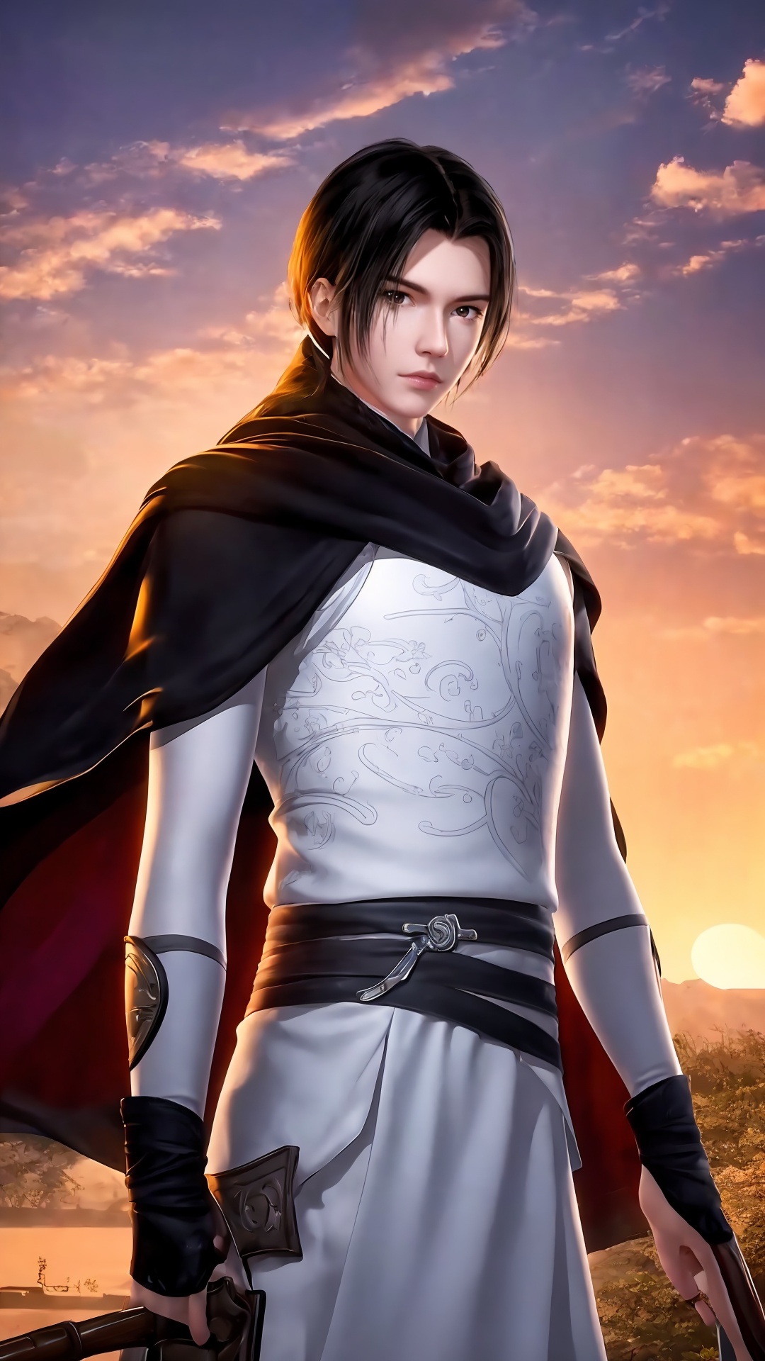 solo,1boy,male focus,armor,black hair,cape,looking at viewer,<lora:Ge Nie man Boy Handsome boy swordsman_20240829181204:0.8>,mid_shot,cowboy_shot,china_dress,sunset,the top of the hill,