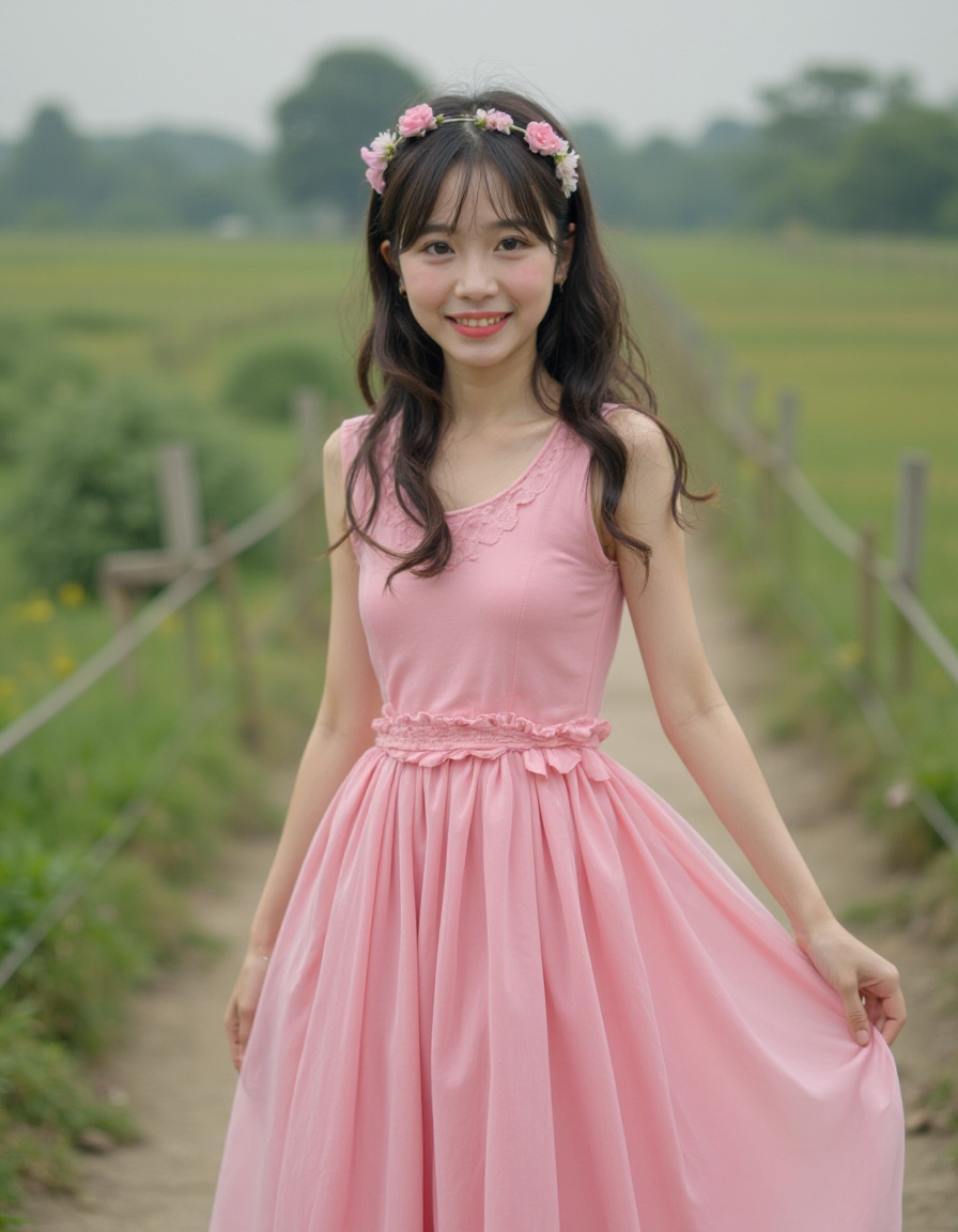 film grain, realistic, photorealistic, girl, pink dress, outdoors,