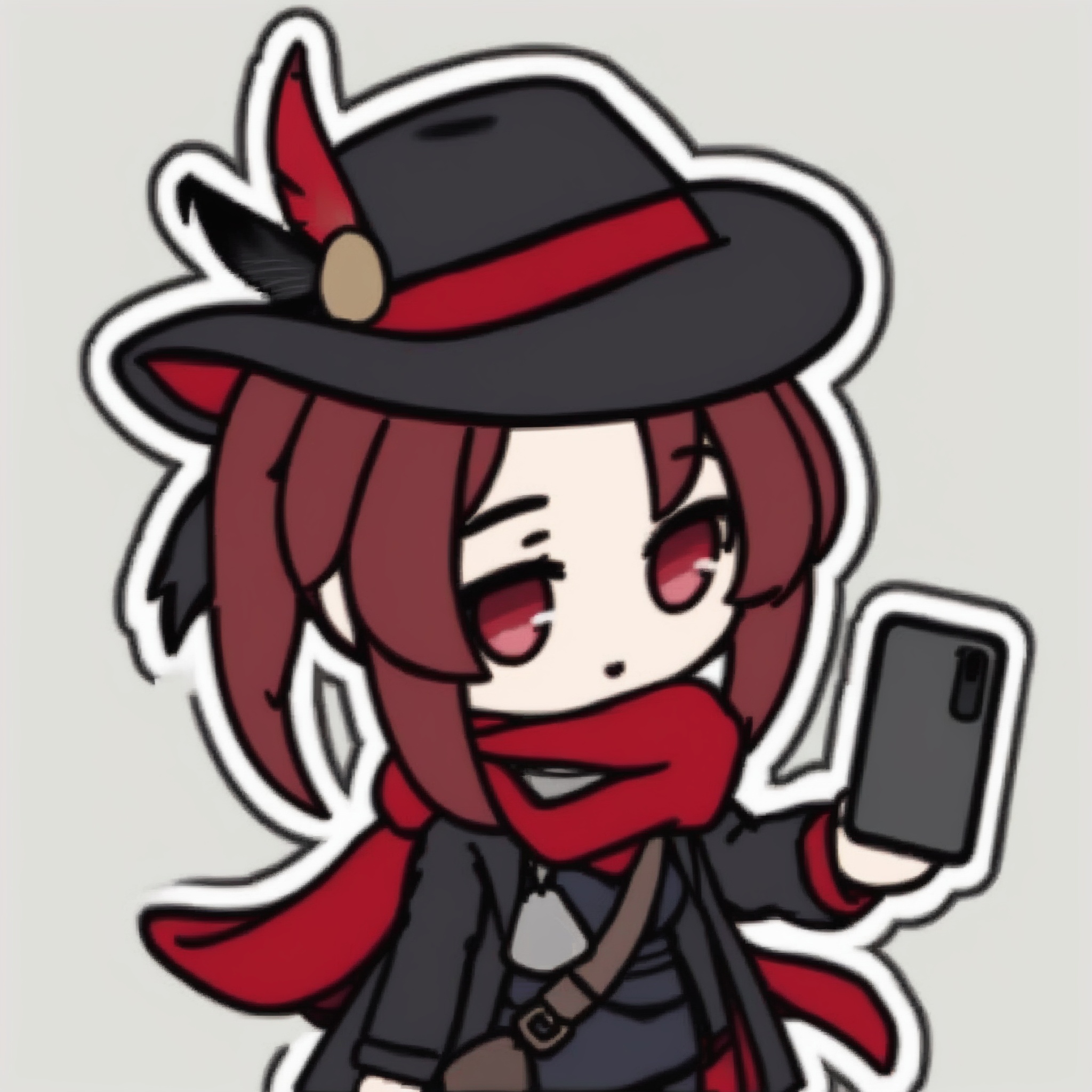 masterpiece, best quality, 1girl, solo,red hair, black hat, hat feather, red scarf, black jacket, dog_tags, chibi,  holding, simple_background, phone,cowboy hat, chibi,<lora:Texture2DjiXLlokr4f-000142:0.95> <lora:JXXLV1-000062:1>