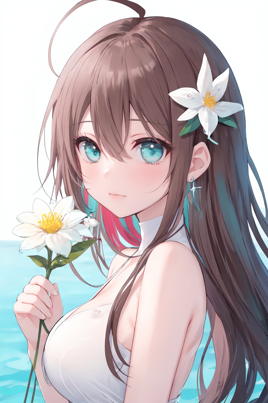 1girl,solo,flower,looking at viewer,long hair,brown hair,upper body,holding,holding flower,ahoge,bangs,bare shoulders,breasts,hair between eyes,jewelry,white background,white flower,earrings,ribbon,multicolored hair,from side,hand up,medium breasts,water drop,aqua eyes,hair ornament,hair flower,looking to the side,bright eyes,clear eyes,mi-style,