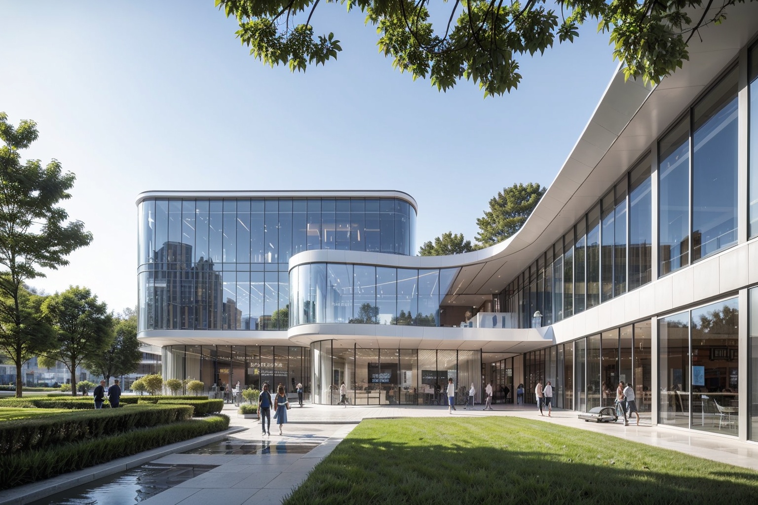 this is a curved building,gradient texture,(Curved concrete:1.1),building,outdoors,Transparent glass,tree,sky,water,grass,day,blue sky,reflection,scenery,