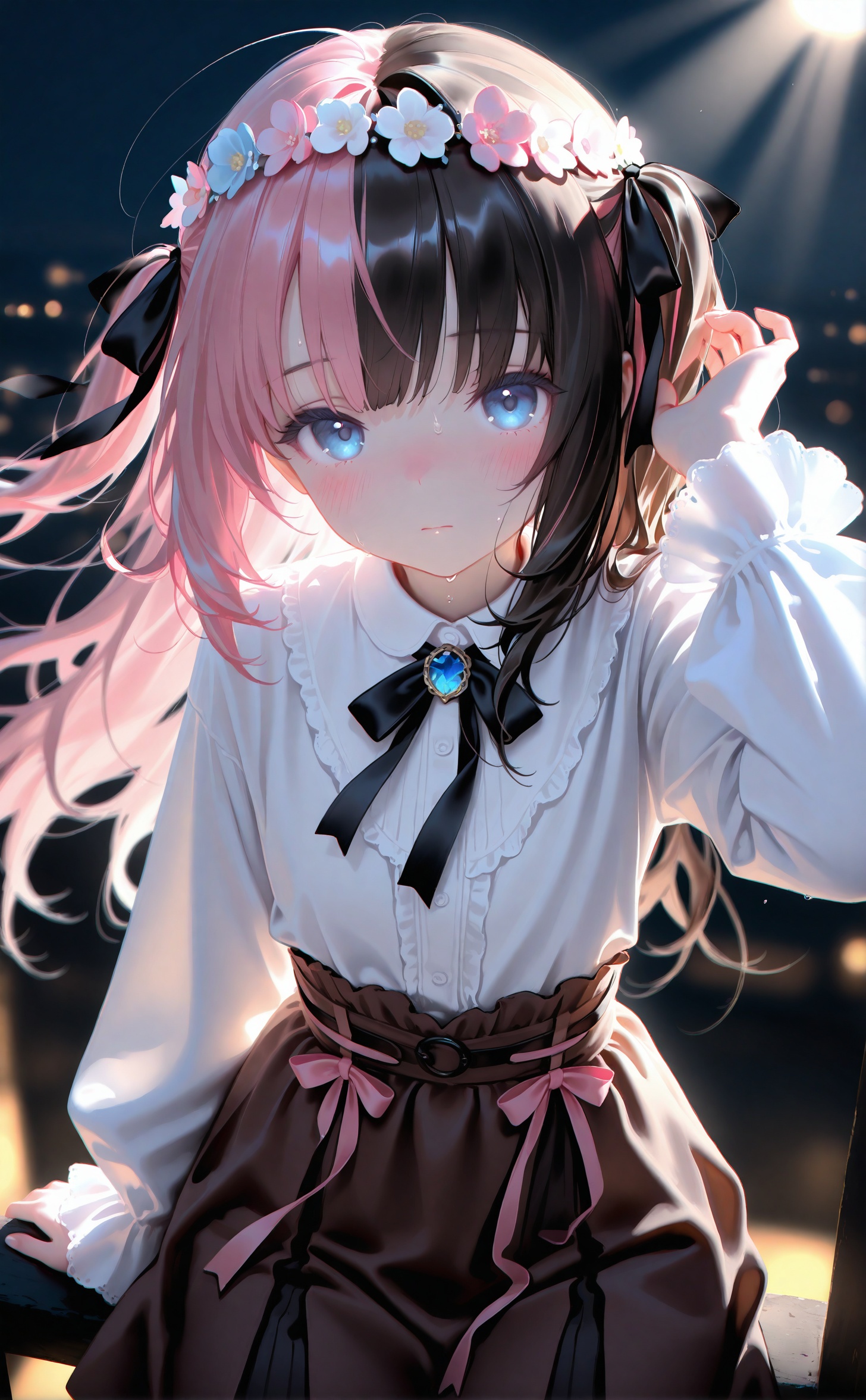 masterpiece,absurdres,best quality,high quality,chromatic_aberration,night,darkness,black theme,photorealistic,high contrast,high saturation,loli,//,1girl, solo, long hair, breasts, looking at viewer, blush, bangs, blue eyes, skirt, brown hair, shirt, black hair, long sleeves, white background, bow, ribbon, medium breasts, sitting, closed mouth, hair ribbon, white shirt, pink hair, hair bow, multicolored hair, sweat, frills, virtual youtuber, hand up, black skirt, two-tone hair, black bow, pink bow, brooch, brown skirt, split-color hair,//,official art,depth of field,detailed light,blurry background,cinematic lighting,ray tracing,ultra detailed,god rays,backlighting,photo background,film grain,chromatic aberration,volumetric lighting,depth of field,blurry background,shiny skin,floating hair,cinematic lighting,day,very aesthetic,cowboy shot,look up,head wreath<lora:[Ai蒸馏]white3-000026p:0.8>,