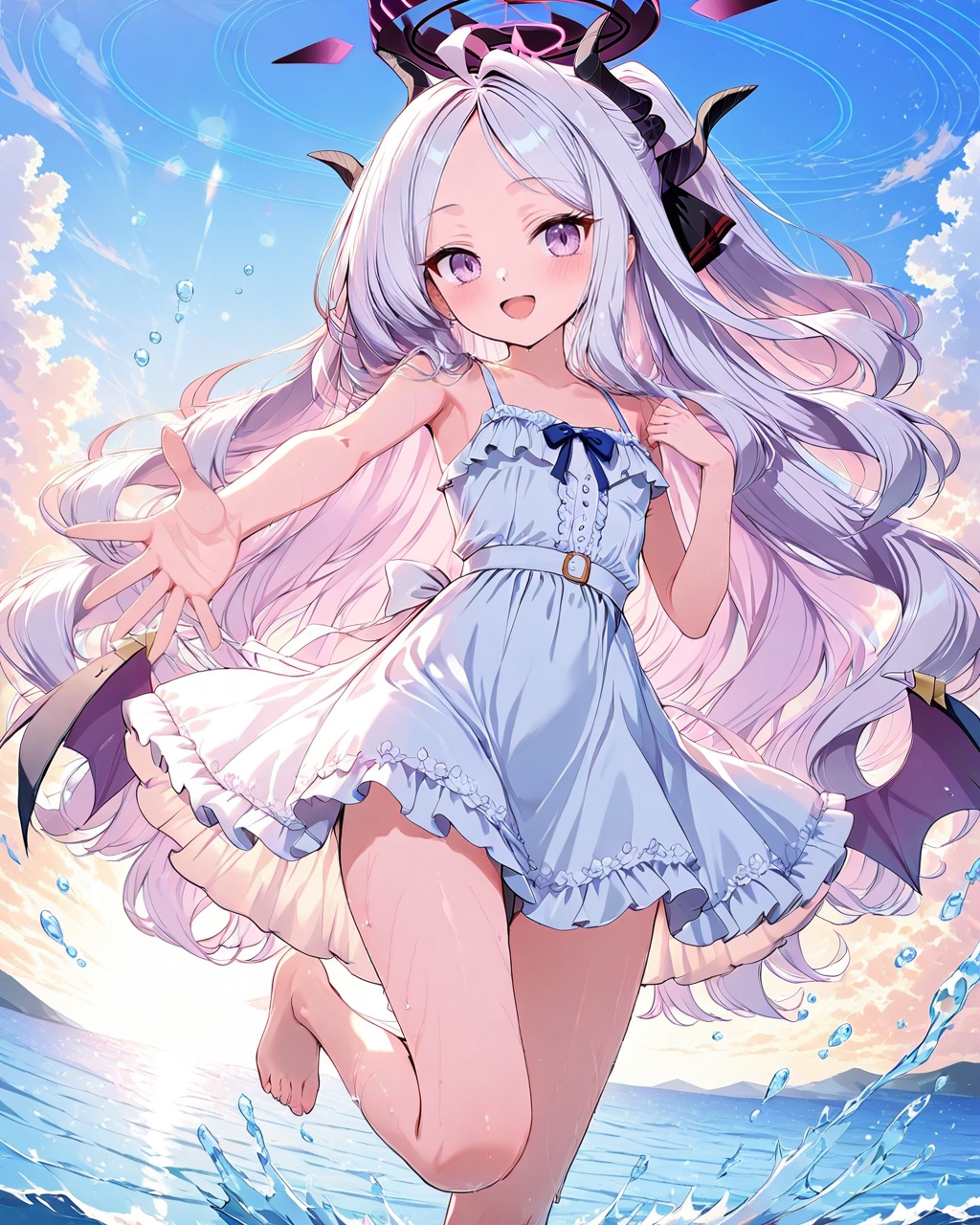 O,Hina (blue archive),five fingers,1girl, hina (blue archive), long hair, horns, dress, solo, purple eyes, spoken heart, barefoot, white hair, heart, looking at viewer, white dress, bangs, smile, open mouth, halo, parted bangs, standing on one leg, :d, ocean, full body, sky, skirt hold, ahoge, sleeveless, water, standing, bow, demon horns, bare shoulders, outdoors, multiple horns, sidelocks, sundress, wading, very long hair, blush, sleeveless dress, hair bow, alternate costume, purple horns, leg up, horizon, outstretched arm, ribbon, armpits, bare legs,(UHD),anatomically correct,accurate,textured skin,super detail,high details,award winning,best quality,high quality,retina,HD,16k,1080P,