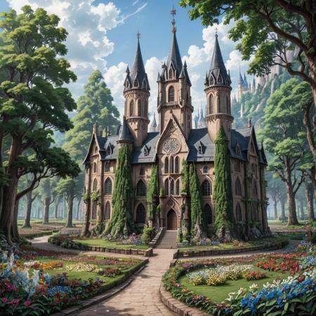 intricate detail, fantasy, enchanted forest, flowers, cathedral, village, mansion, houses, noon, (masterpiece, best quality, extremely detailed)