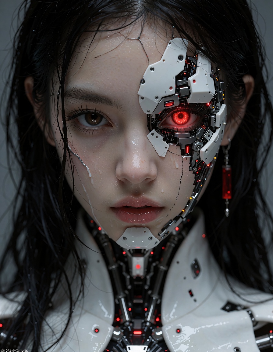 D3tailedP0rtraits,  a close-up portrait of a female character with a futuristic,  cybernetic theme. Her skin is pale with...