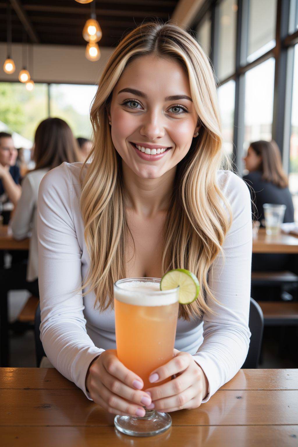 A young woman with long, wavy blonde hair is sitting at a wooden table in a well-lit restaurant. She is wearing a white long-sleeved shirt and dark pants. In her hands, she holds a clear glass with a light orange-colored beverage, garnished with a slice of lime on the rim. The background features other patrons seated at tables, with large windows allowing natural light to flood the space. Hanging pendant lights with warm yellow bulbs illuminate the area. The overall atmosphere appears casual and inviting.