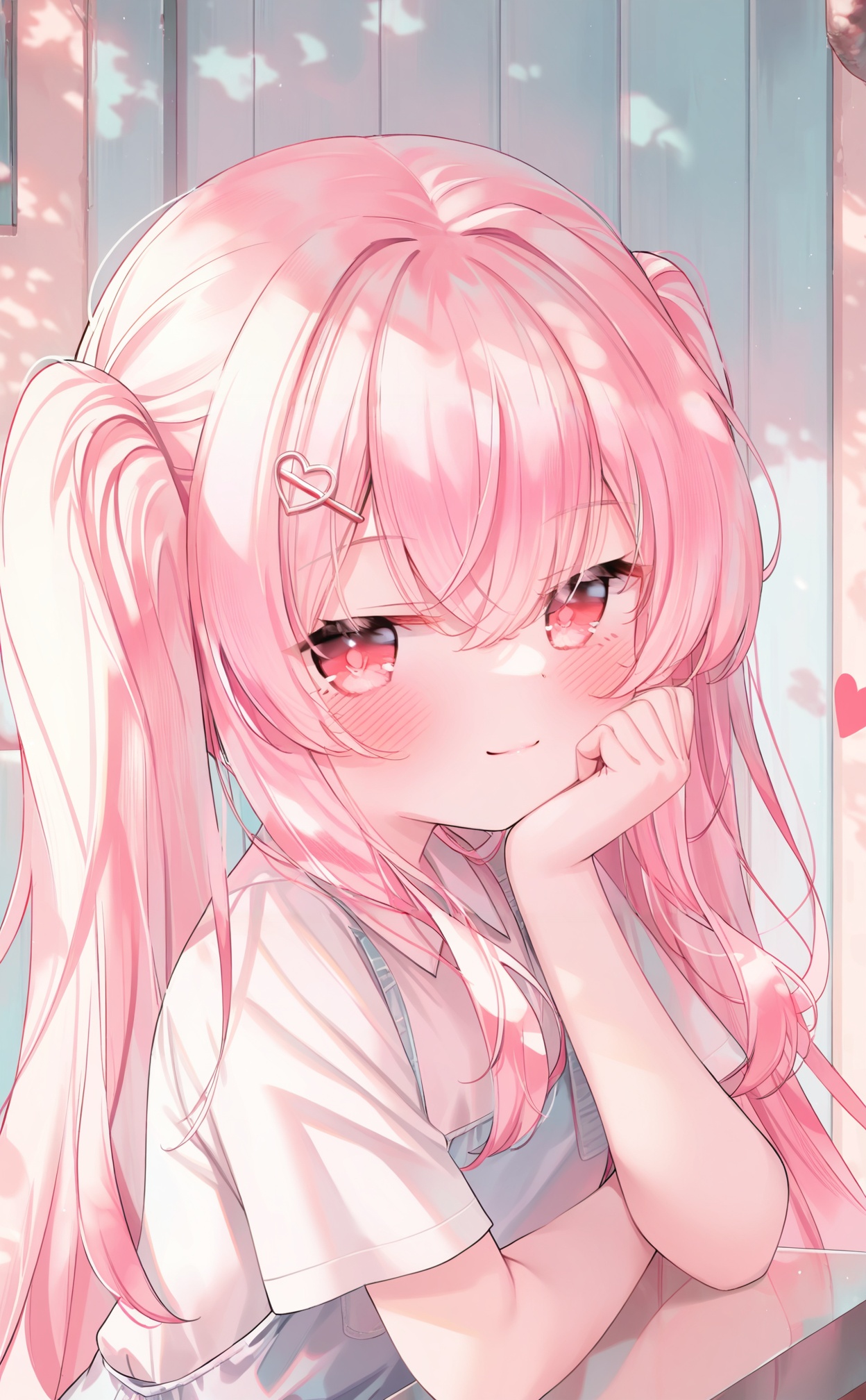 masterpiece,absurdres,best quality,loli,petite,high quality,chromatic_aberration,//,1girl, pink_hair, solo, hair_ornament, twintails, heart_hair_ornament, shirt, long_hair, overalls, looking_at_viewer, white_shirt, blush, hairclip, closed_mouth, collared_shirt, pink_eyes, heart, smile, hair_between_eyes, upper_body, hand_up, head_rest, short_sleeves, window, red_eyes, hand_on_own_face, sidelocks, portrait, hand_on_own_cheek, day//,<lora:guizhencao3——【noob】hans:1>,