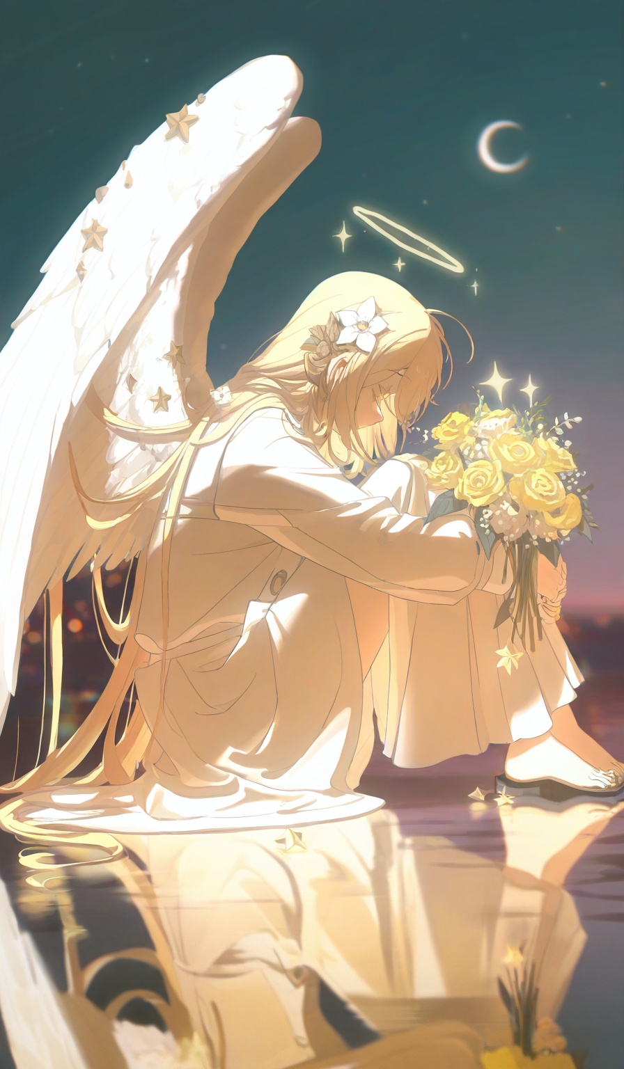 <lora:konya666 (5):1>,highres,absurdres,newest,very awa,masterpiece,best quality,year 2024,\,SenSen,flower,wings,solo,halo,1girl,angel wings,long hair,star \(symbol\),white wings,feathered wings,holding,sky,angel,water,sitting,bouquet,long sleeves,outdoors,crescent,from side,crescent moon,night,white dress,reflection,holding bouquet,holding flower,moon,hair ornament,knees up,dress,white jacket,hair flower,very long hair,blurry,profile,yellow flower,star \(sky\),sparkle,
