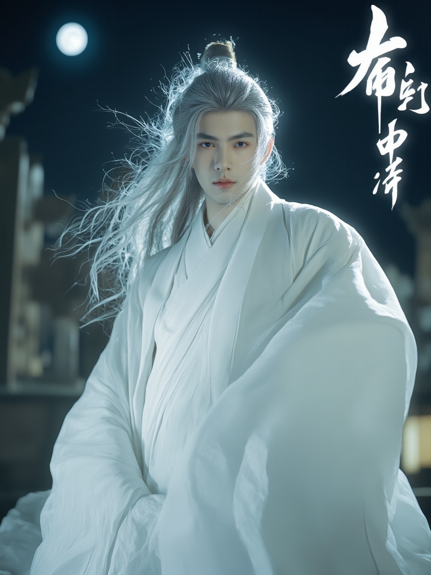 neomj,<lora:neomj古风v9_15:0.9>,A man with long silver hair,wearing a flowing white robe,The background is dark with some visible architectural elements and a moon source overhead. There is also some white calligraphy text in the upper right corne,from bloew,from below,