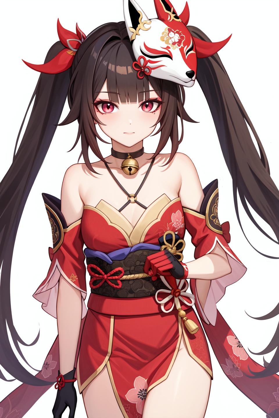 <lora:nai画风:0.0:lbw=paint>,<lora:花火v4:1:lbw=char>,huahuo,twintails,fox mask,red kimono,mask on head,black gloves,detached sleeves,choker,high quality,jingle bell,tattoo,, (masterpiece,best quality,high quality:1.4),absurdres,