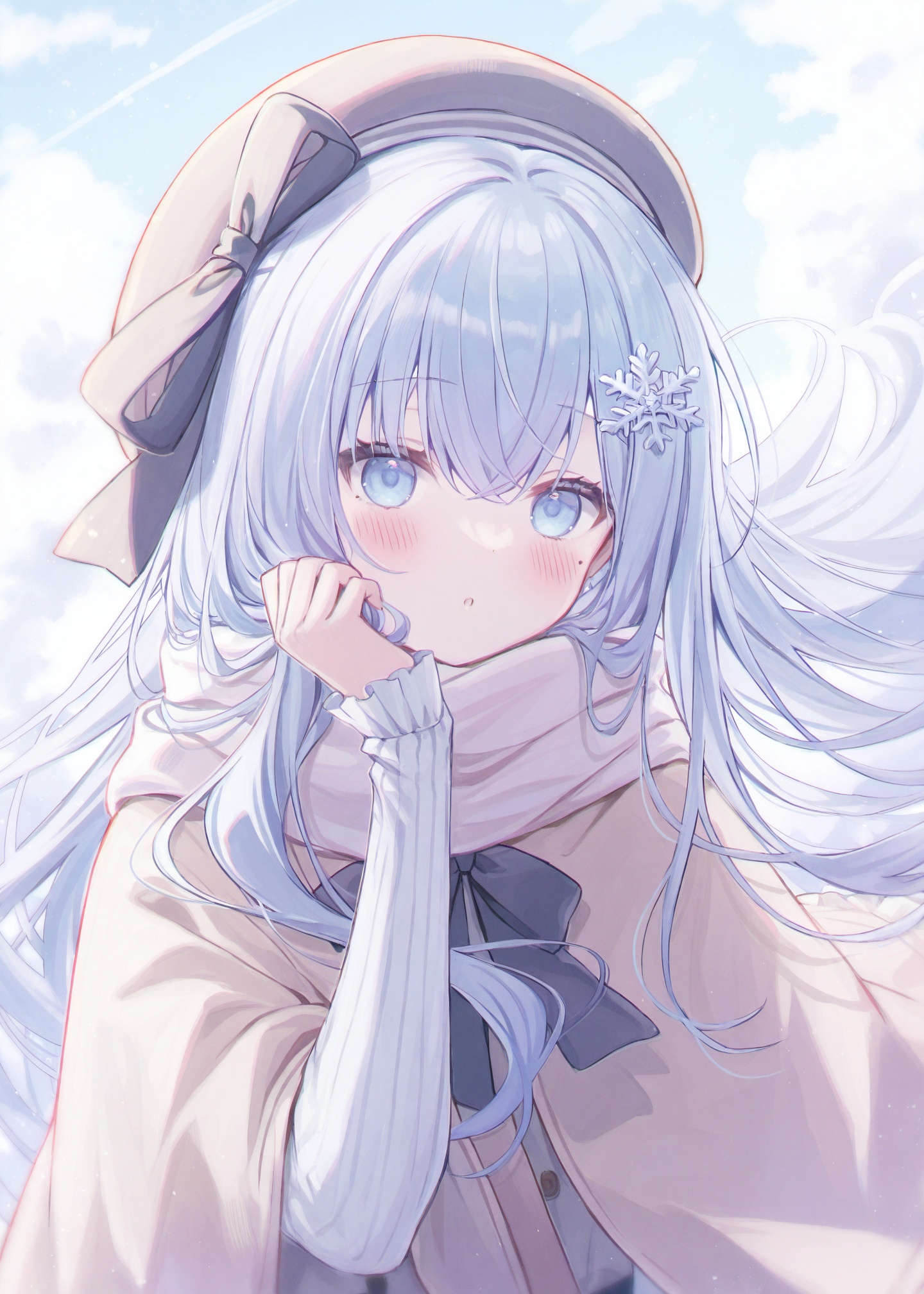 masterpiece,absurdres,best quality,petite,high quality,//,1girl, scarf, snowflake_hair_ornament, solo, hair_ornament, hat, bow, beret, long_hair, looking_at_viewer, white_scarf, cloud, sky, blue_eyes, hand_on_own_face, long_sleeves, parted_lips, open_mouth, upper_body, hand_on_own_cheek, blue_hair, flower, black_bow, blue_sky, hair_flower, floating_hair, blush, mole_under_eye, :o, outdoors, hat_bow, frilled_sleeves, black_headwear, mole, shirt, portrait, capelet//,<lora:梅原生umehara_sei ——【CKXL】hans:0.8>,