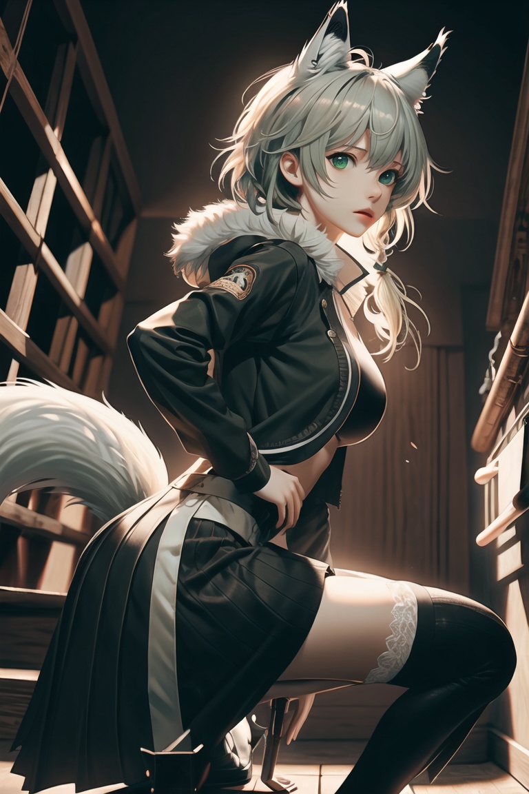 (masterpiece),best quality,from_side,Dark environment,Stand on one foot,Stand against the wall,One knee up,Lift one foot,Put foot against the opposite wall,1girl,shirakami fubuki,virtual youtuber,animal ears,fox ears,fox girl,white hair,fox tail,jacket,thigh strap,long hair,ahoge,bangs,braid,fur trim,green eyes,hair between eyes,stairs,sidelocks,looking at viewer,