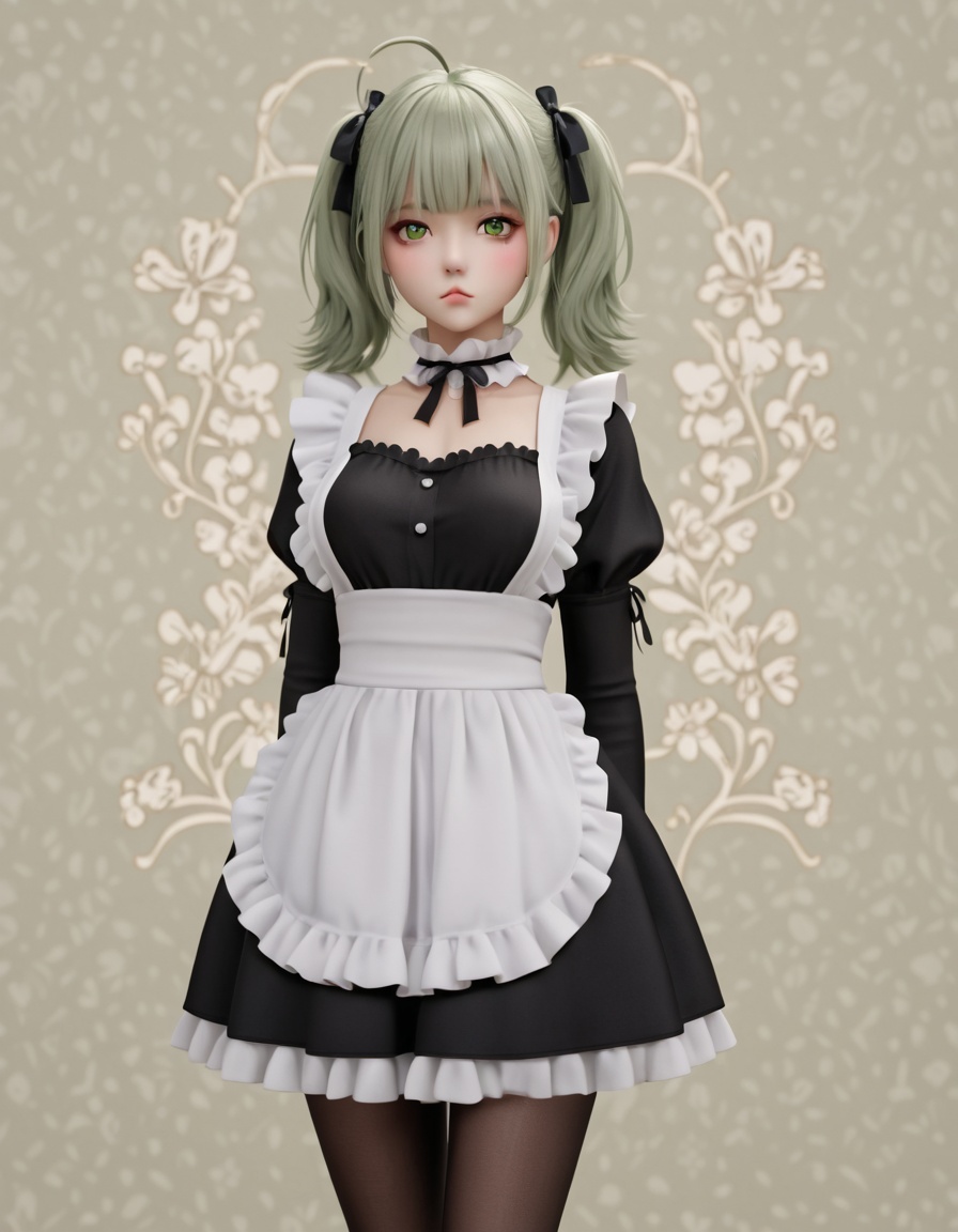 1girl, solo, breasts, looking at viewer, bangs, long sleeves, dress, bow, ribbon, twintails, closed mouth, green eyes, hair ribbon, flower, ahoge, pantyhose, cowboy shot, frills, green hair, puffy sleeves, apron, black dress, black pantyhose, maid, black ribbon, black bow, arms behind back, cat, frilled dress, juliet sleeves, white apron, :<, floral background, black cat