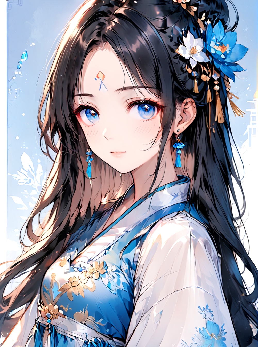 Hanfu,O,1girl, flower, jewelry, forehead mark, solo, earrings, hair ornament, facial mark, long hair, black hair, upper body, chinese clothes, dress, white dress, blue eyes, looking at viewer, long sleeves, hair flower, hair bun, blue background, closed mouth