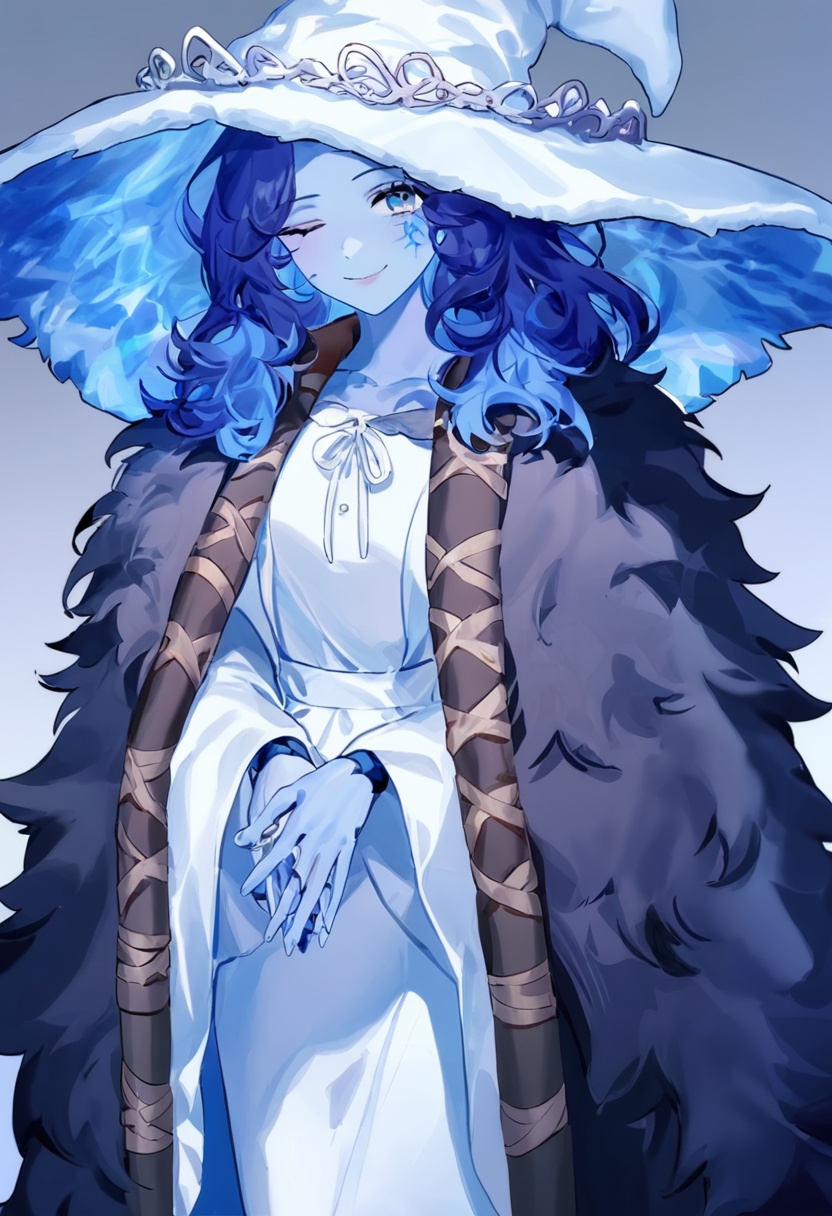 1girl, ranni the witch,  ask \(askzy\), torino aqua, migolu, (jiu ye sang:1.1), (rumoon:0.9), (mizumi zumi:1.1), white witch hat, blue ring, white dress, grey fur cloak, blue hair, blue eyes, one eye closed, blue skin, cracked skin, doll joints, extra arms, extra faces, copyright name, fur cape, cloak, cape, hat ornament, dress, looking at viewer, feet out of frame, solo, witch hat, lips, own hands together, joints, hat, smile, colored skin, closed mouth, long hair, witch, blue lips, masterpiece, best quality, newest, absurdres, safe <lora:Elden Ring-Ranni_v1.0-000012:1>