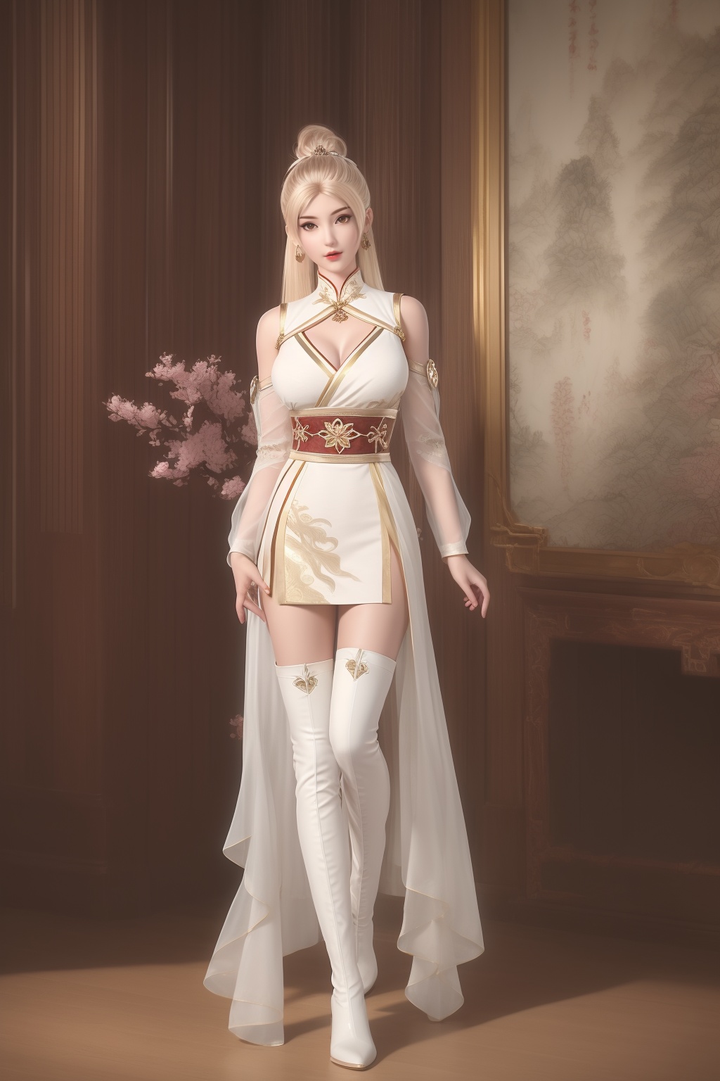 (8k, RAW photo, best_quality),(masterpiece:1.2),(realistic:1.2),(photorealistic:1.3),(ultra-detailed),(extremely_detailed_cg_8k_wallpaper),(crystal_texture_skin:1.3),(shiny:1.2),(shiny_skin:1.4),(extremely_delicate_and_beautiful),petals,flower,sky,cherry blossoms,falling petals,fair skin,shenfengXiaoNingEr,1girl,solo,dress,chinese clothes,clothing cutout,torogao,breasts,large breasts,lipstick,blonde hair,thigh boots,white thigh boots,standing,jewelry,hair ornament,earring,necklace,realistic,looking at viewer,<lora:shenfengXiaoNingEr_20240716085820-000004:0.7>,