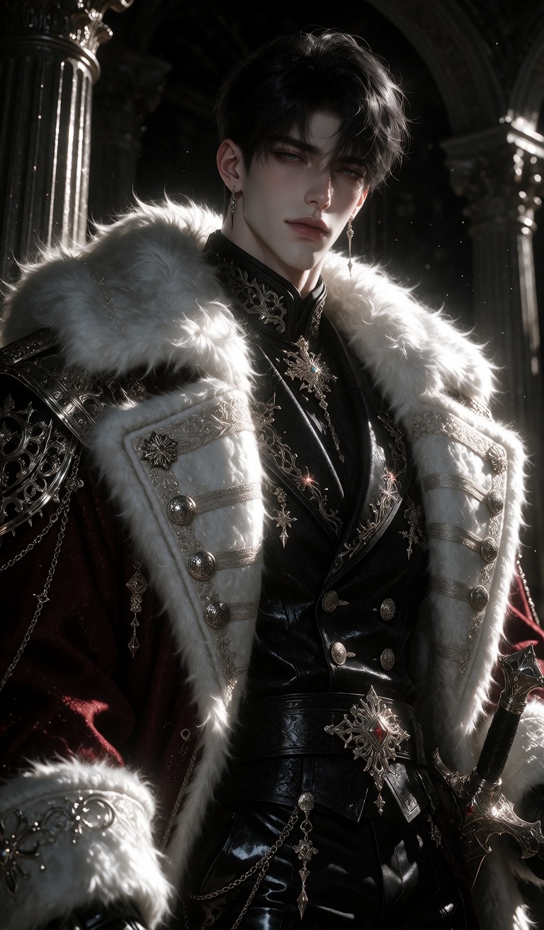 A strikingly handsome male figure with piercing blue eyes and sleek black hair stands poised under dramatic lighting,  dra...