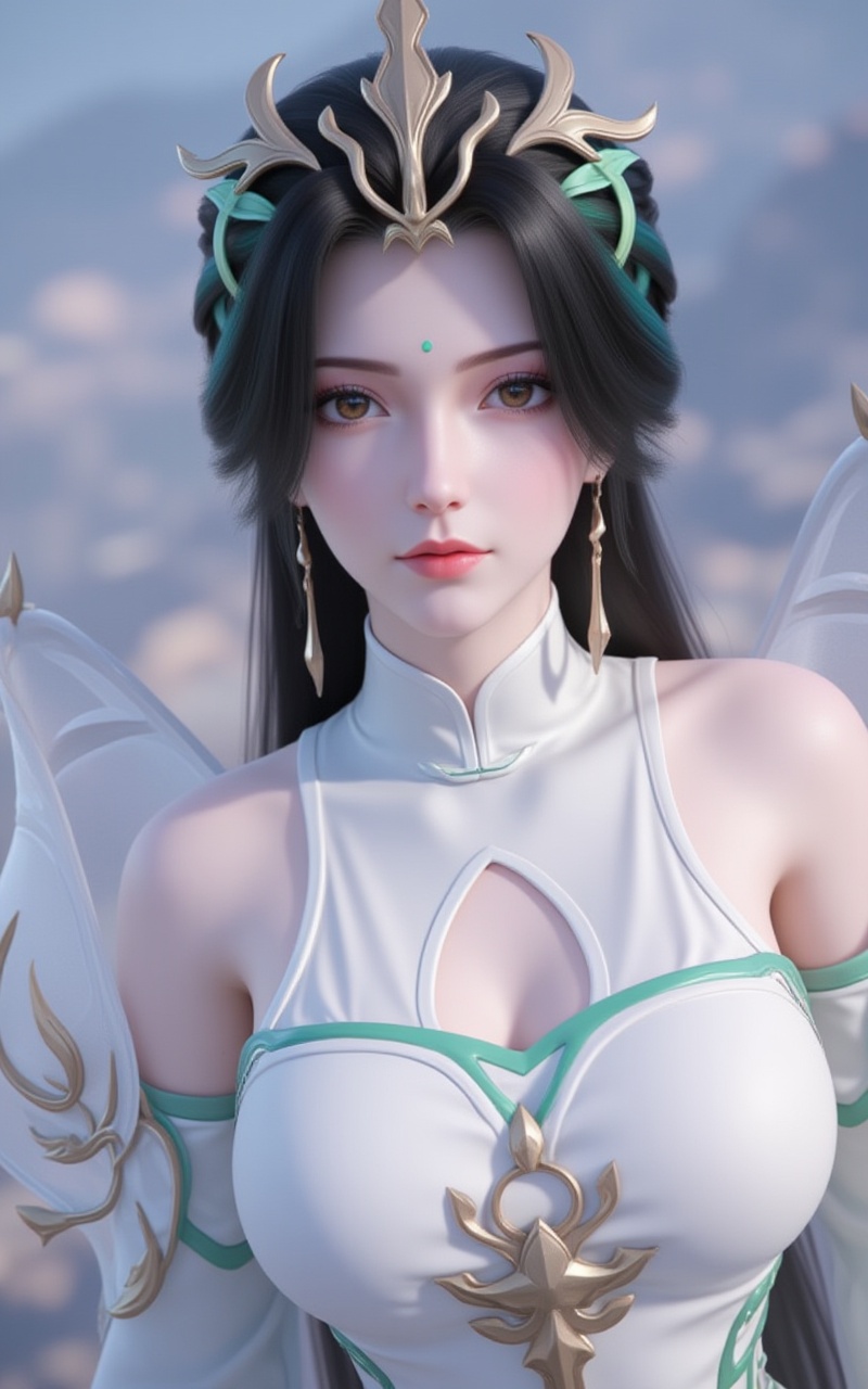 <lora:柳神8:1>,liushen,1girl,white dress,earrings,jewelry,solo,long hair,black hair,dress,upper body,hair ornament,forehead mark,clothing cutout,closed mouth,expressionless,facial mark,bare shoulders,detached sleeves,cleavage cutout,5,cover,simple background,gradient background,close-up details,outstanding style,adding a touch of dimension to your images without compromising details,close-up,<lora:DJ滤镜_2.5D版:0.4>,lvjing,