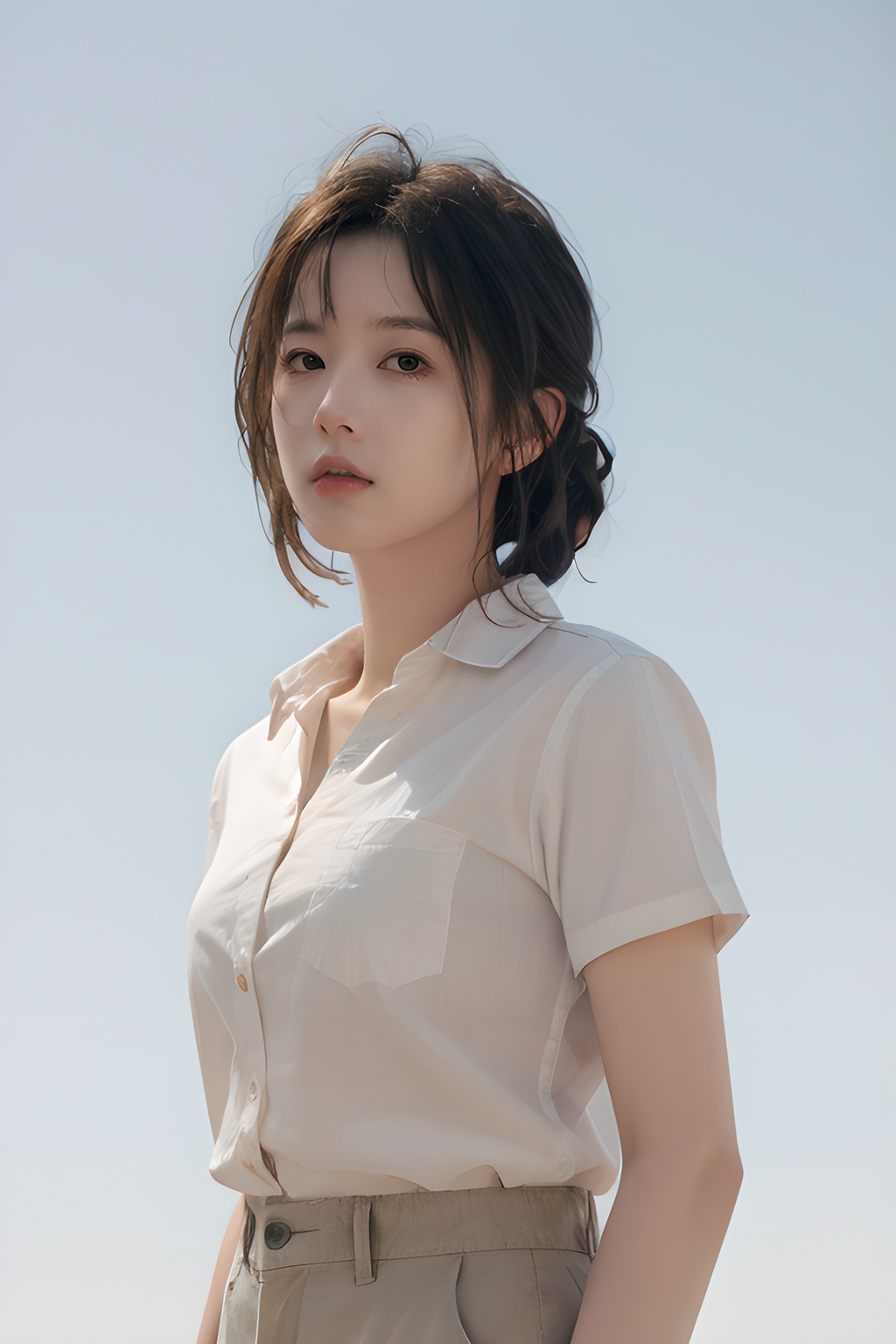 <lora:0806_10:0.7>,simple background,untucked_shirt,, 1girl,realistic,masterpiece, best quality, photorealistic, HDR,detail