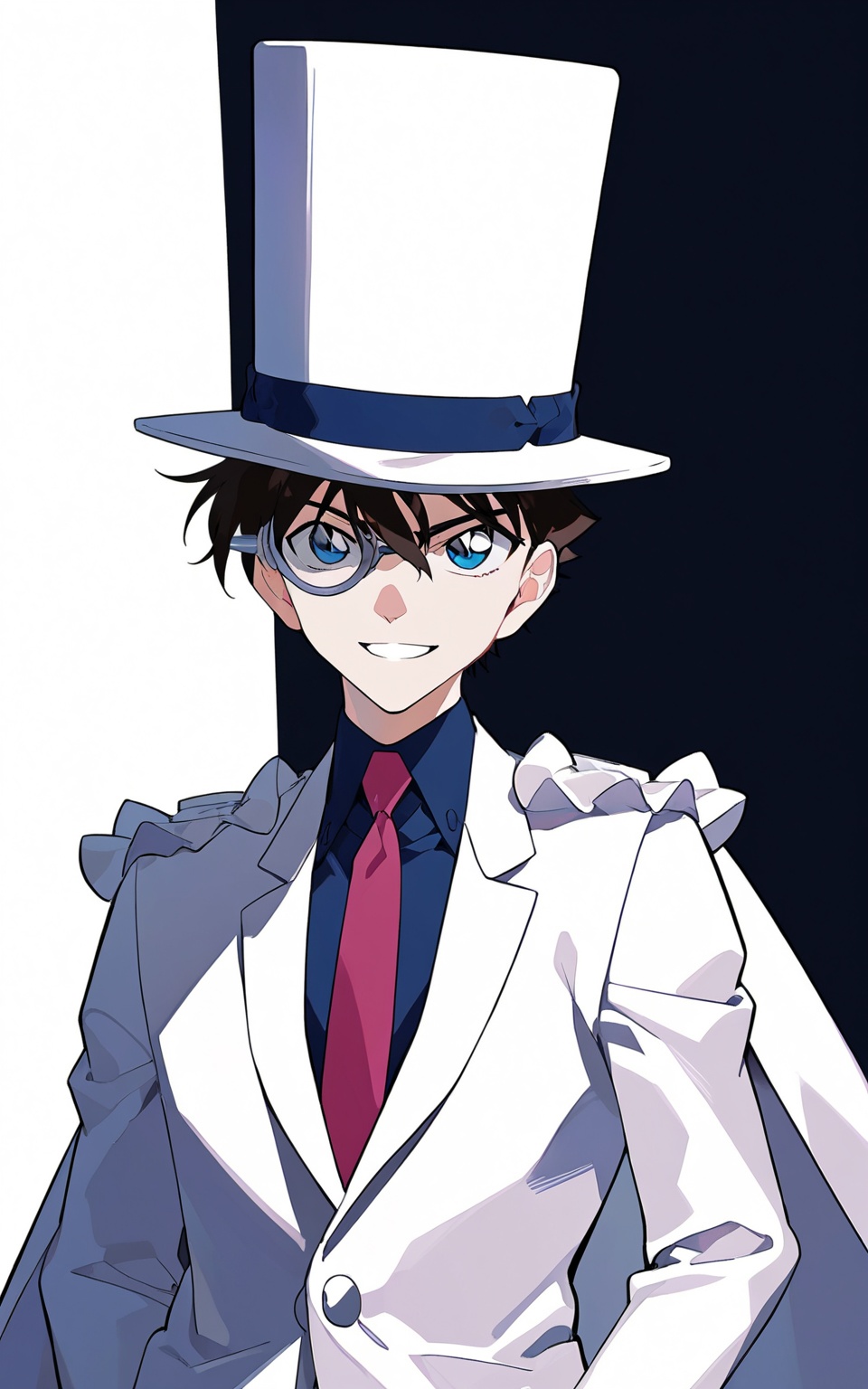 8k, best quality, masterpiece, (ultra-detailed), smile, (standing, medium shot, looking at viewer, white background, clean background:1.5), (pseudo-impasto:0.7), (by ask:0.5), (by rella:0.3), (by mochizukikei:0.3), high resolution, intricate details, solo, close up shot, <lora:gdkidre-neta-Tanger-000013:0.7>, monocle, gdkit, qinshan artstyle, conan style eyes,  1boy, solo, male focus, cape, hat, top hat, gloves, brown hair, blue eyes, 