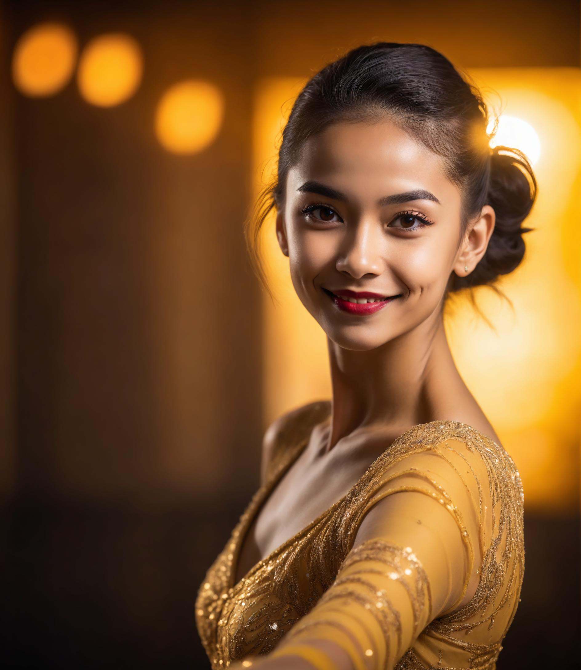 photograph,  ,  over the shoulder shot of a Funny Happy young_woman Ballroom Dancer on Tensor.Art
